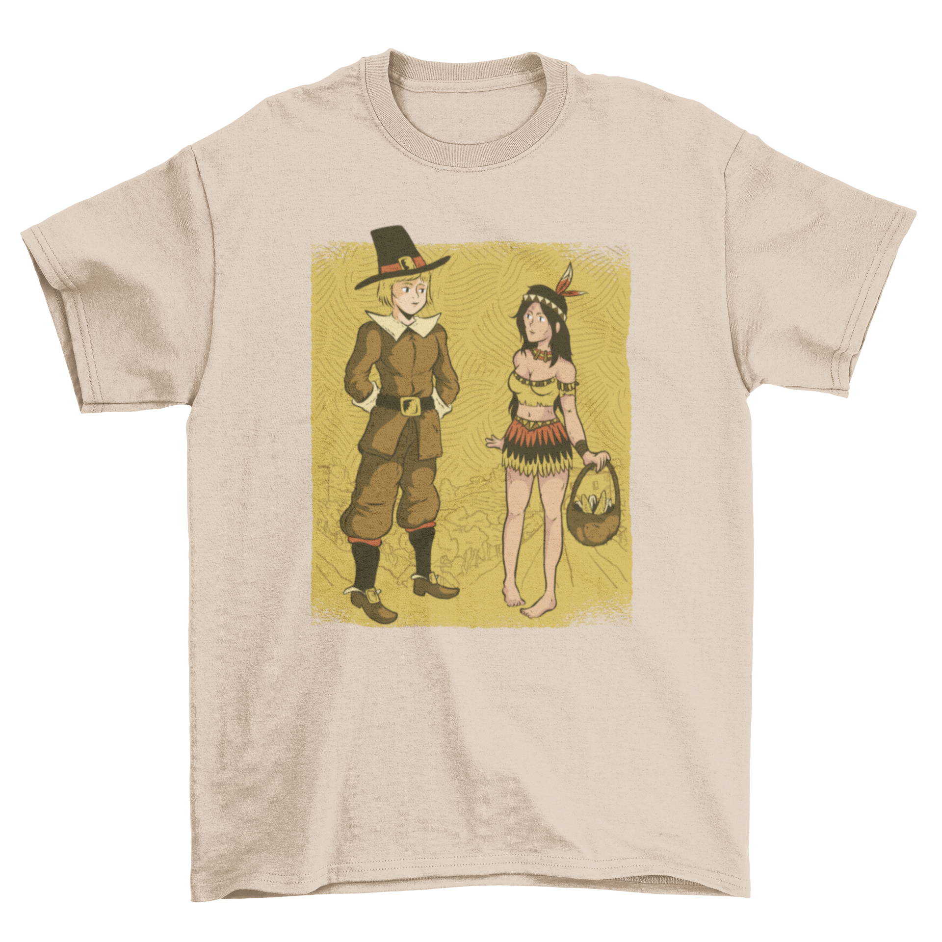 Cute cartoon t-shirt design featuring a male pilgrim and a female native, showcasing vibrant colors and playful graphics.