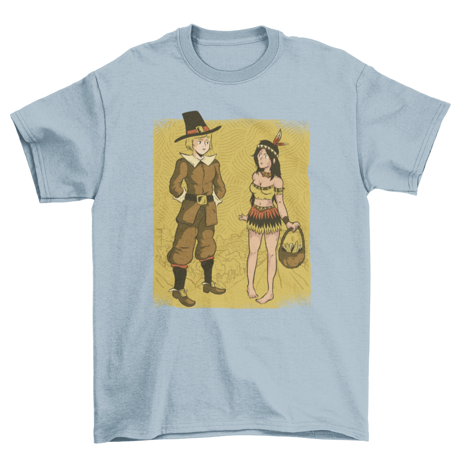 Cute cartoon t-shirt design featuring a male pilgrim and a female native, showcasing vibrant colors and playful graphics.