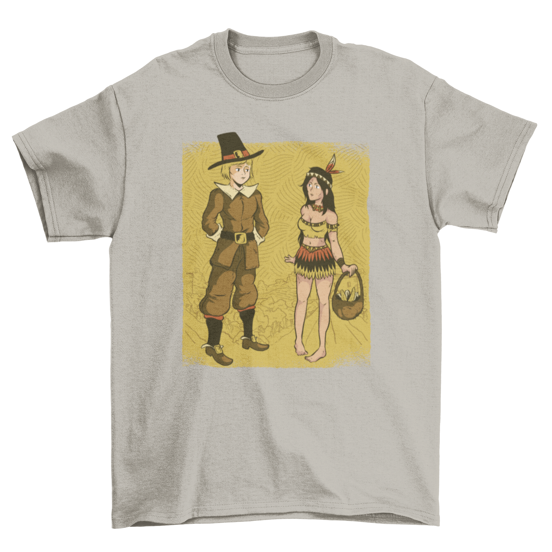 Cute cartoon t-shirt design featuring a male pilgrim and a female native, showcasing vibrant colors and playful graphics.