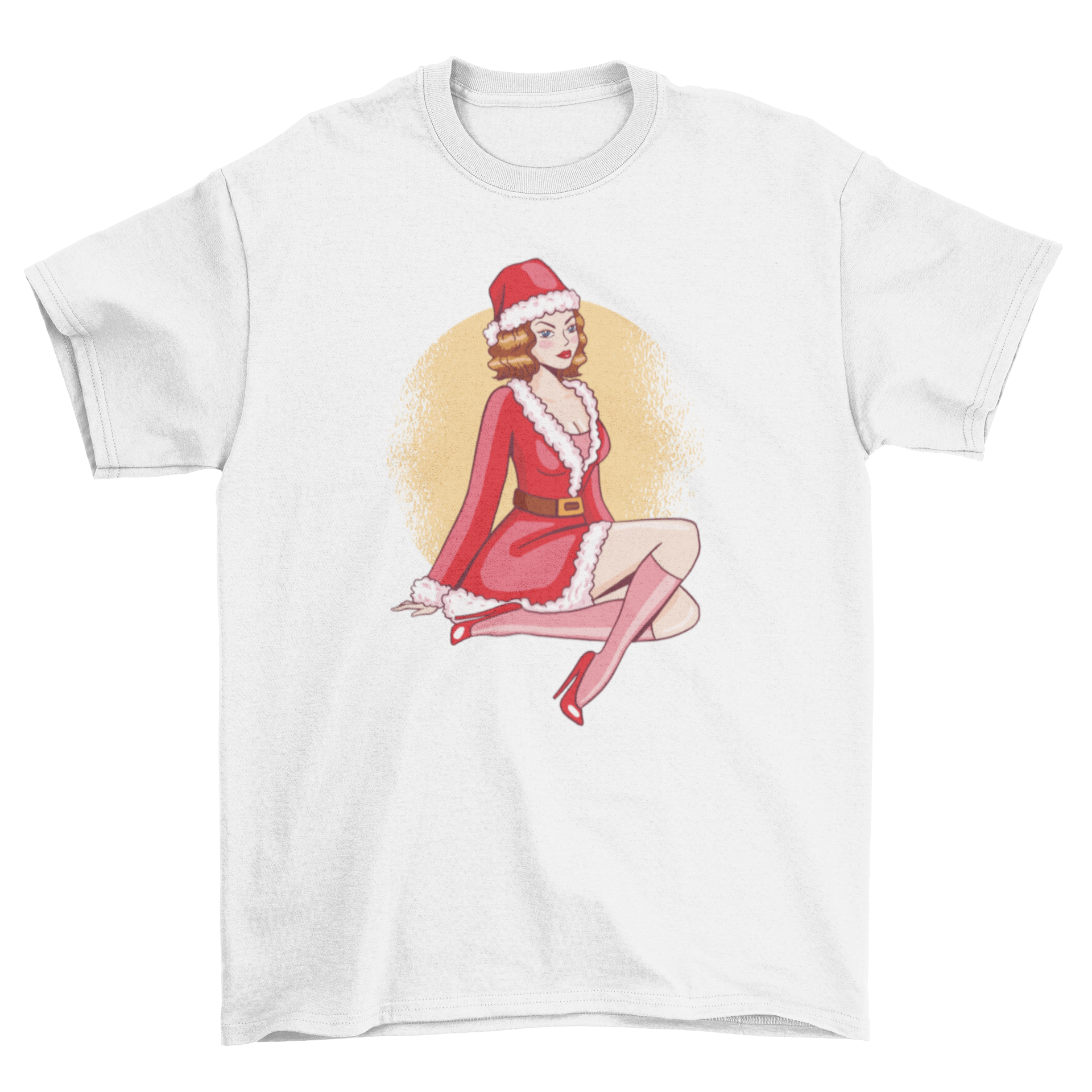 A festive t-shirt featuring a pin-up girl dressed as Santa, showcasing vibrant colors and a playful design.