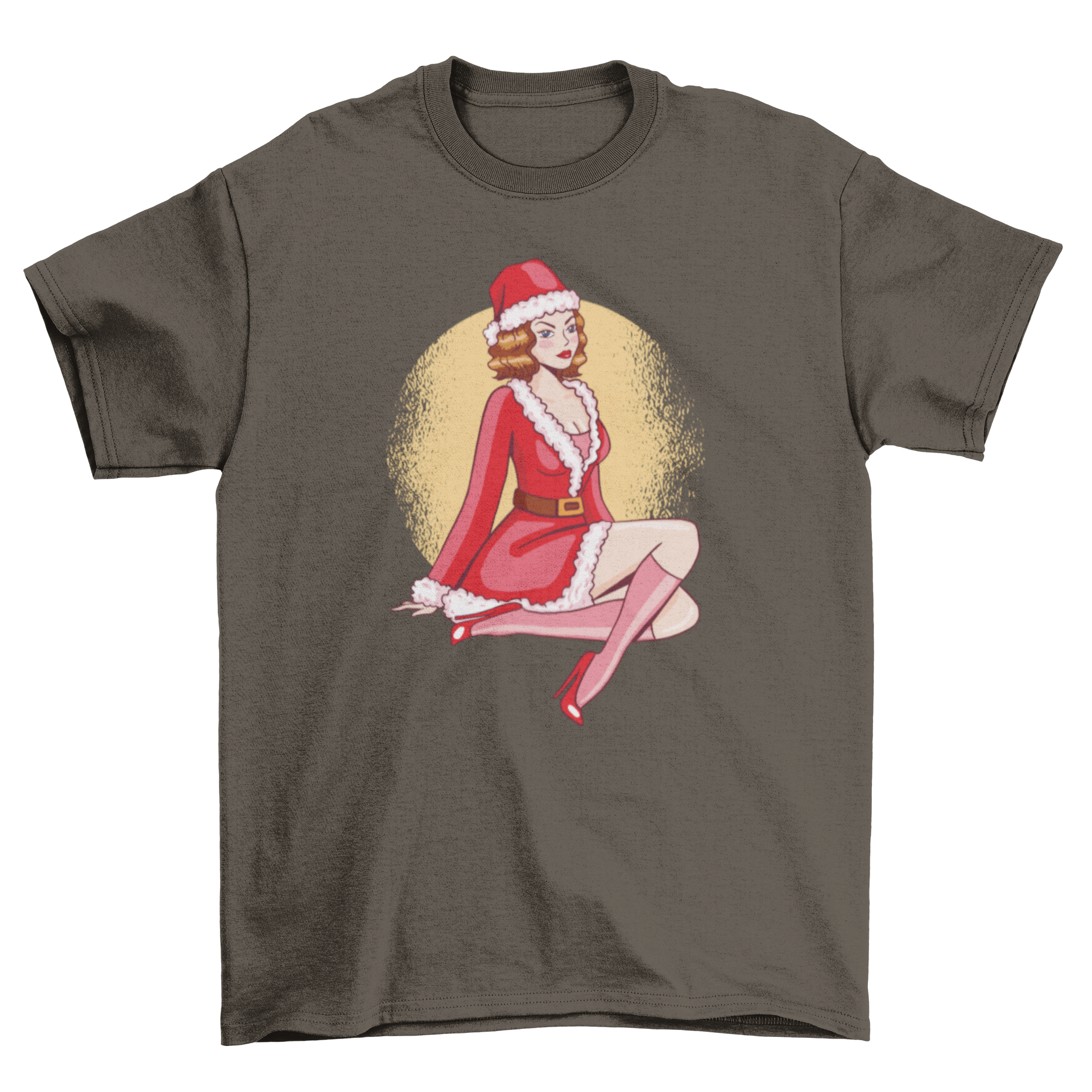 A festive t-shirt featuring a pin-up girl dressed as Santa, showcasing vibrant colors and a playful design.