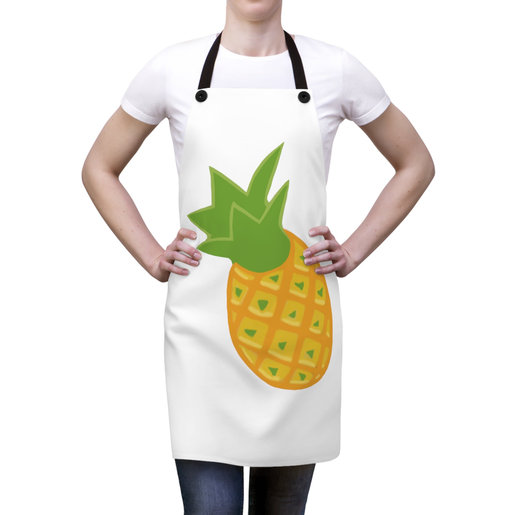 A vibrant Pineapple Apron featuring a tropical design, lightweight polyester fabric, and black detachable twill straps, perfect for cooking.