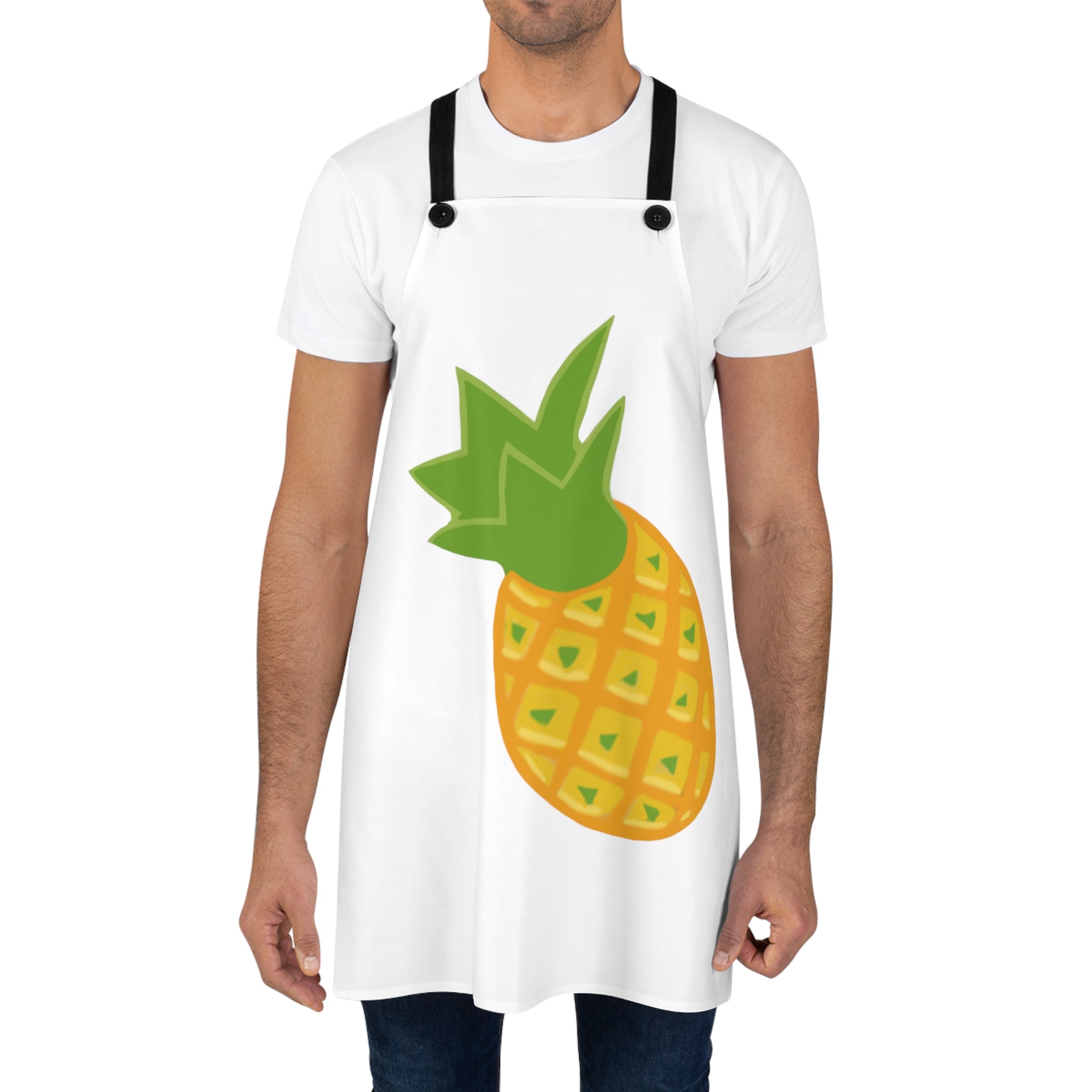 A vibrant Pineapple Apron featuring a tropical design, lightweight polyester fabric, and black detachable twill straps, perfect for cooking.