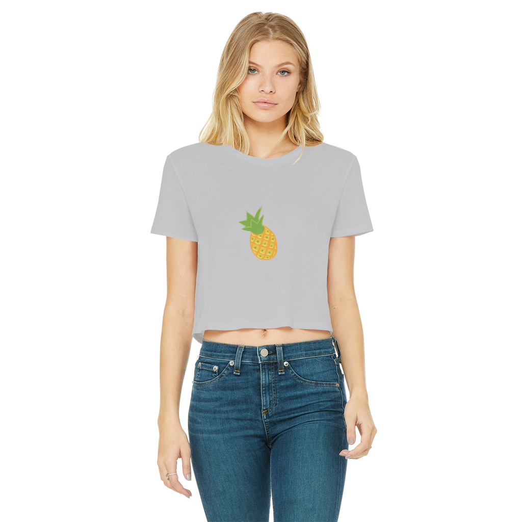 Pineapple Classic Women's Cropped Raw Edge T-Shirt in vibrant colors with a round neck and raw edge hem.