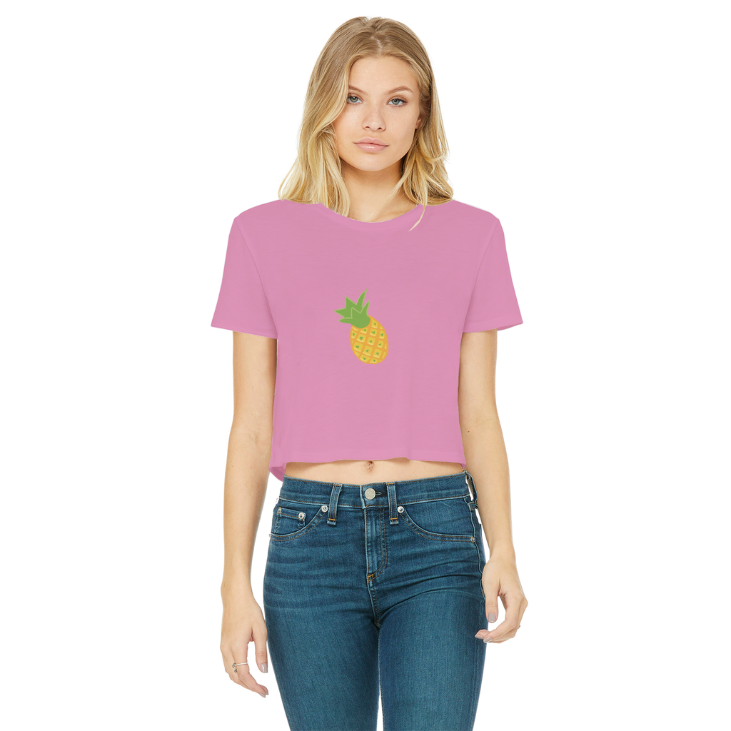 Pineapple Classic Women's Cropped Raw Edge T-Shirt in vibrant colors with a round neck and raw edge hem.