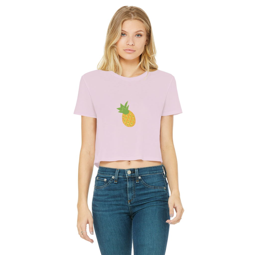 Pineapple Classic Women's Cropped Raw Edge T-Shirt in vibrant colors with a round neck and raw edge hem.