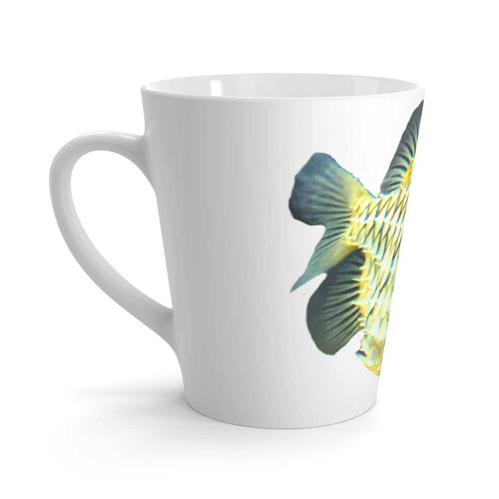 A stylish white ceramic latte mug featuring a vibrant pineapple fish design, perfect for coffee lovers.