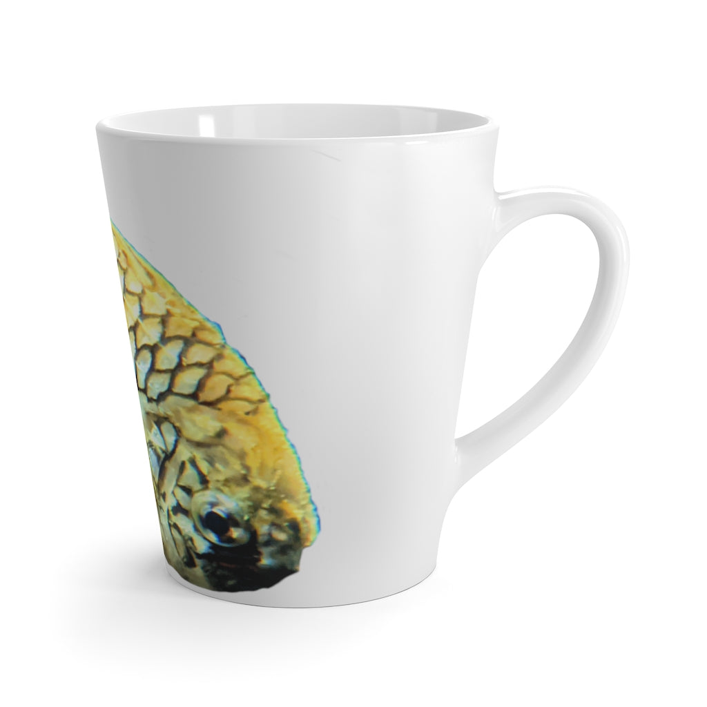 A stylish white ceramic latte mug featuring a vibrant pineapple fish design, perfect for coffee lovers.