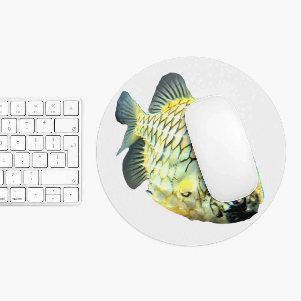 A colorful Pineapple Fish Mouse Pad featuring a vibrant design, available in round and rectangular shapes, with a non-slip rubber bottom.