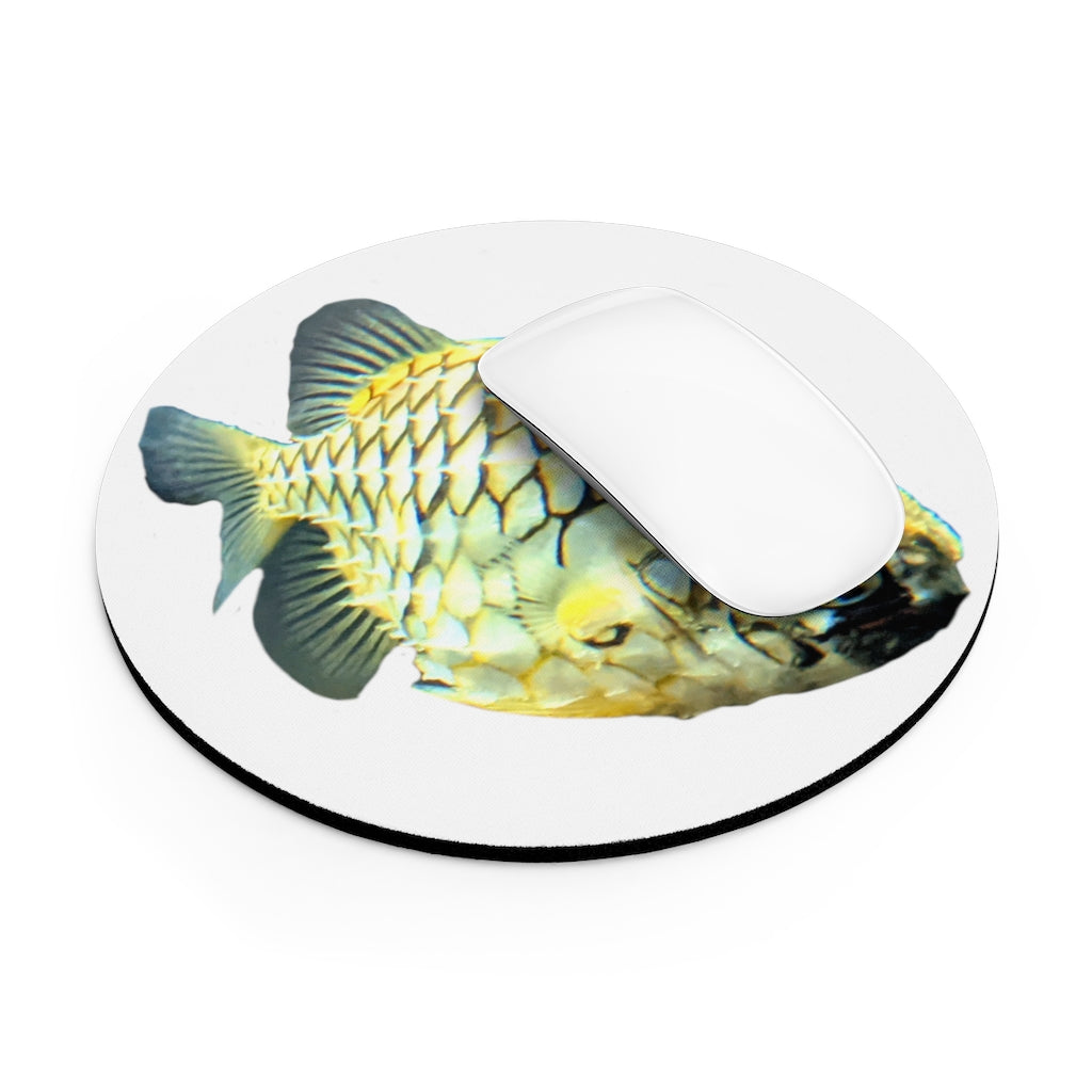 A colorful Pineapple Fish Mouse Pad featuring a vibrant design, available in round and rectangular shapes, with a non-slip rubber bottom.