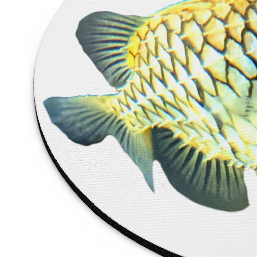 A colorful Pineapple Fish Mouse Pad featuring a vibrant design, available in round and rectangular shapes, with a non-slip rubber bottom.