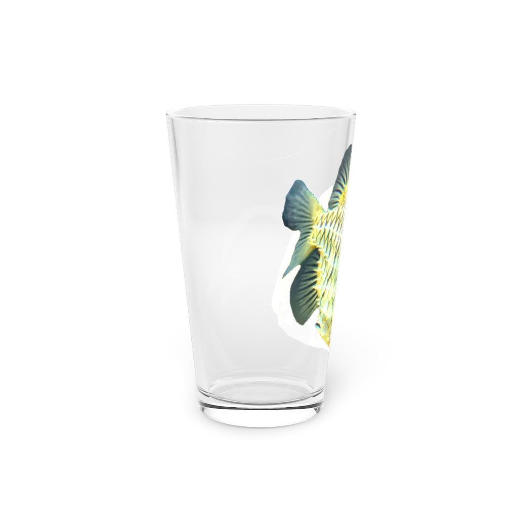 A clear 16oz pint glass featuring a pineapple fish design, perfect for personalized beverages.