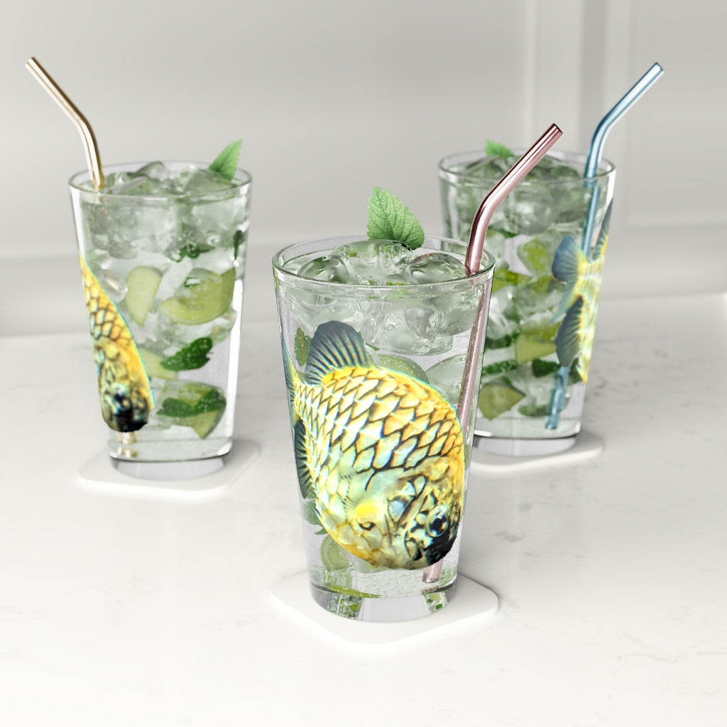 A clear 16oz pint glass featuring a pineapple fish design, perfect for personalized beverages.