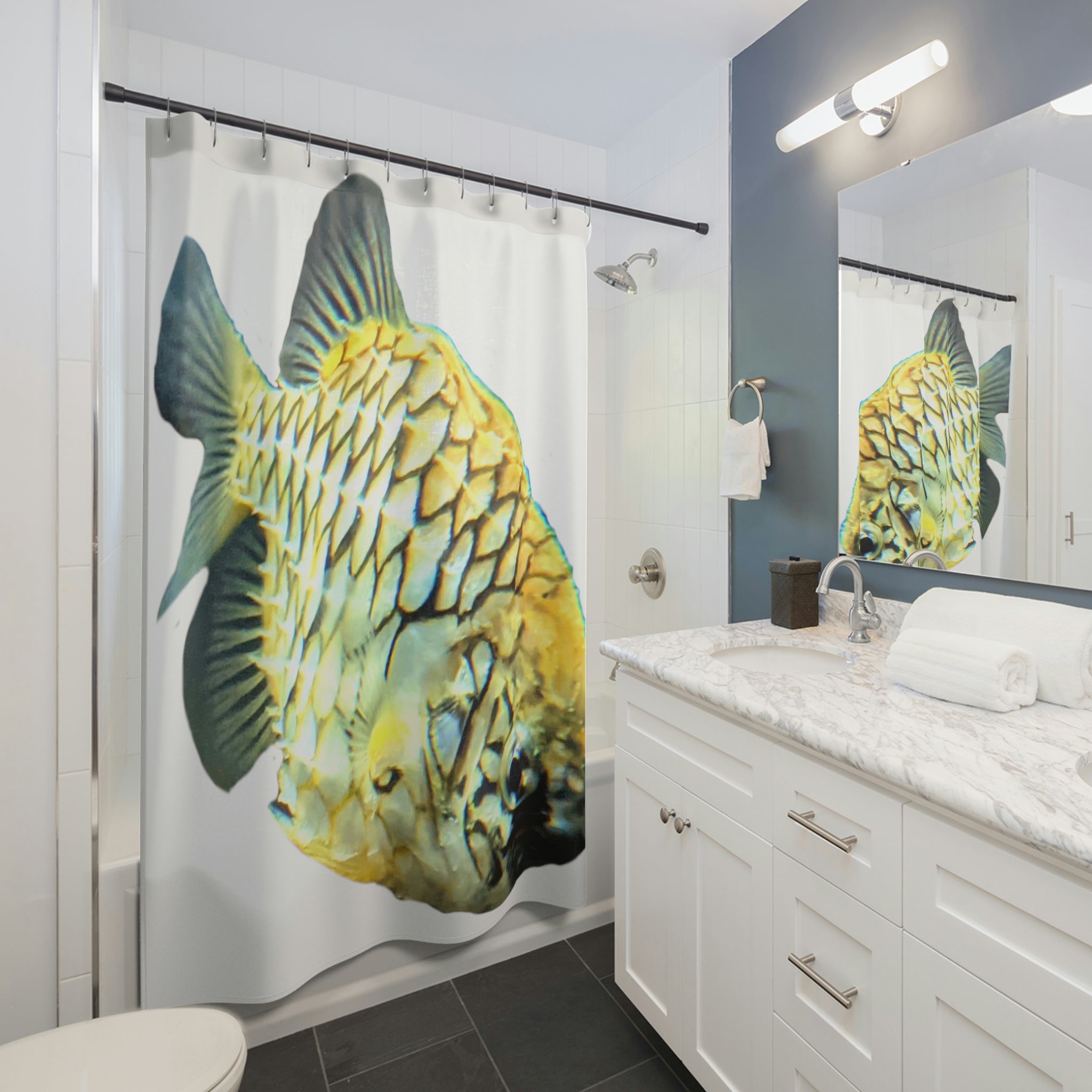 A colorful Pineapple Fish Shower Curtain featuring vibrant fish and pineapple designs, perfect for adding a playful touch to any bathroom.