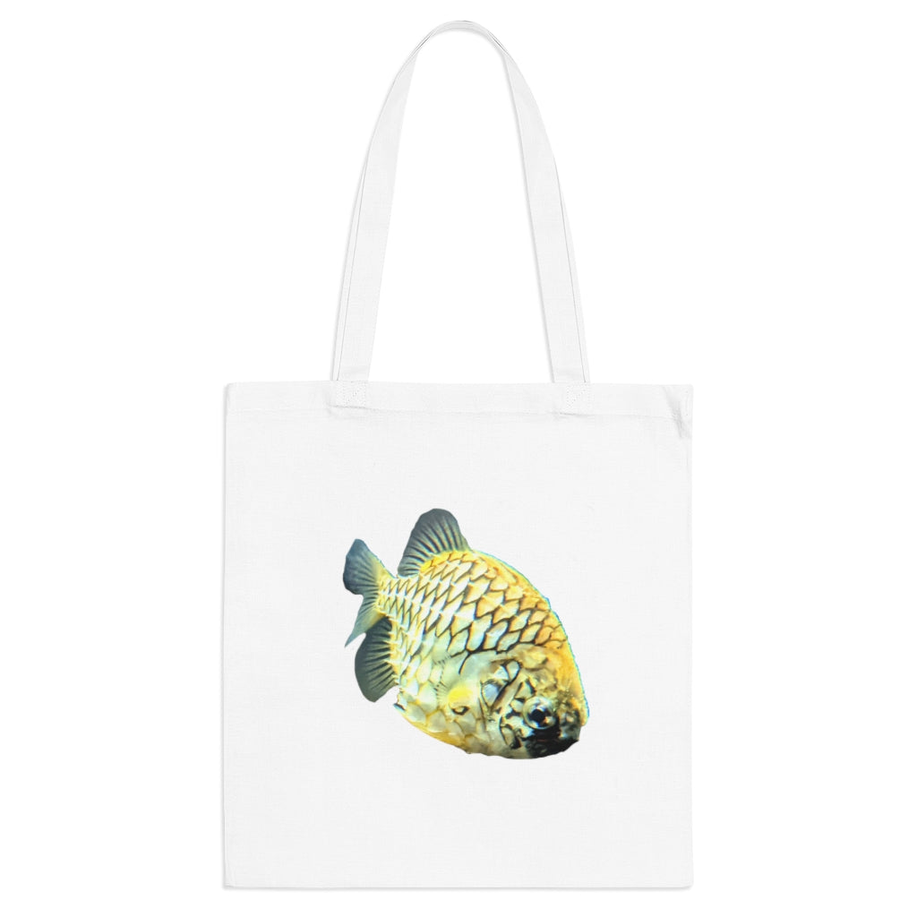 A vibrant Pineapple Fish Tote Bag made of 100% cotton, featuring long handles and cross stitching for added stability.