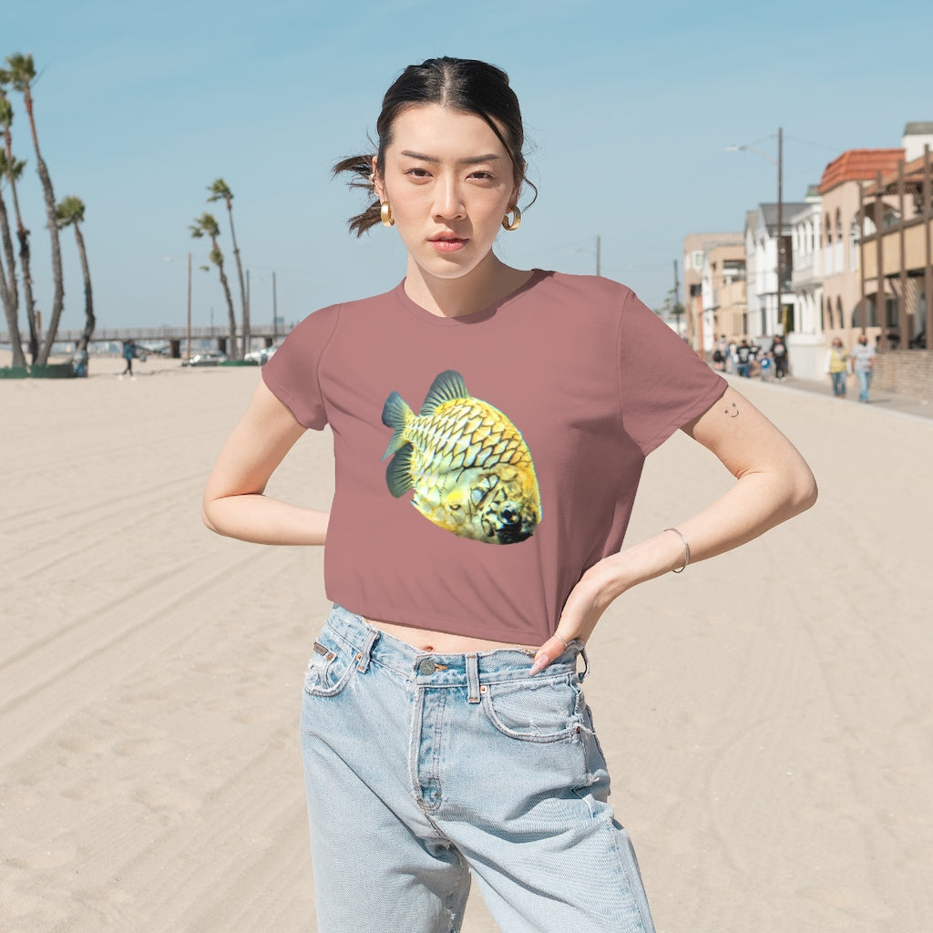 Pineapple Fish Women's Flowy Cropped Tee in a stylish design, showcasing its lightweight fabric and modest crop fit.