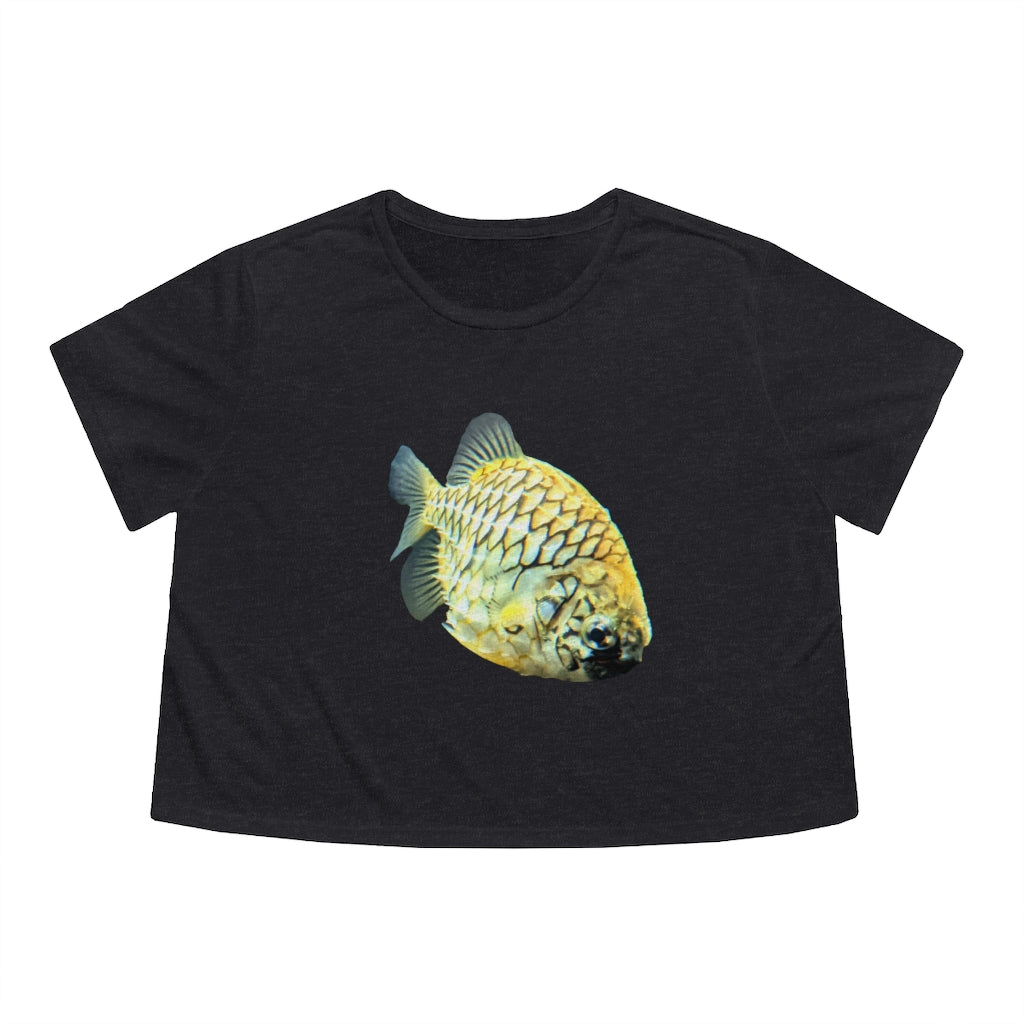 Pineapple Fish Women's Flowy Cropped Tee in a stylish design, showcasing its lightweight fabric and modest crop fit.