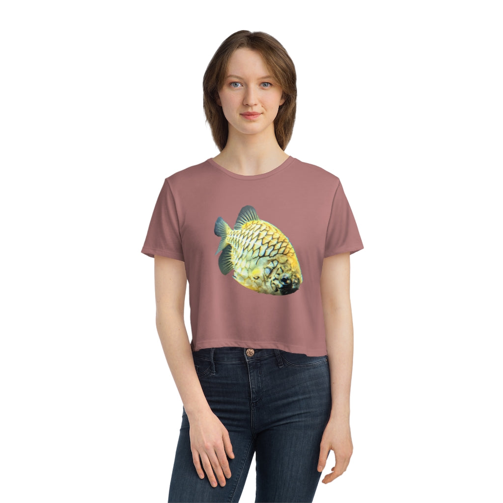 Pineapple Fish Women's Flowy Cropped Tee in a stylish design, showcasing its lightweight fabric and modest crop fit.