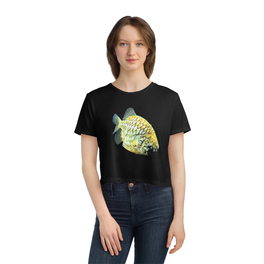 Pineapple Fish Women's Flowy Cropped Tee in a stylish design, showcasing its lightweight fabric and modest crop fit.