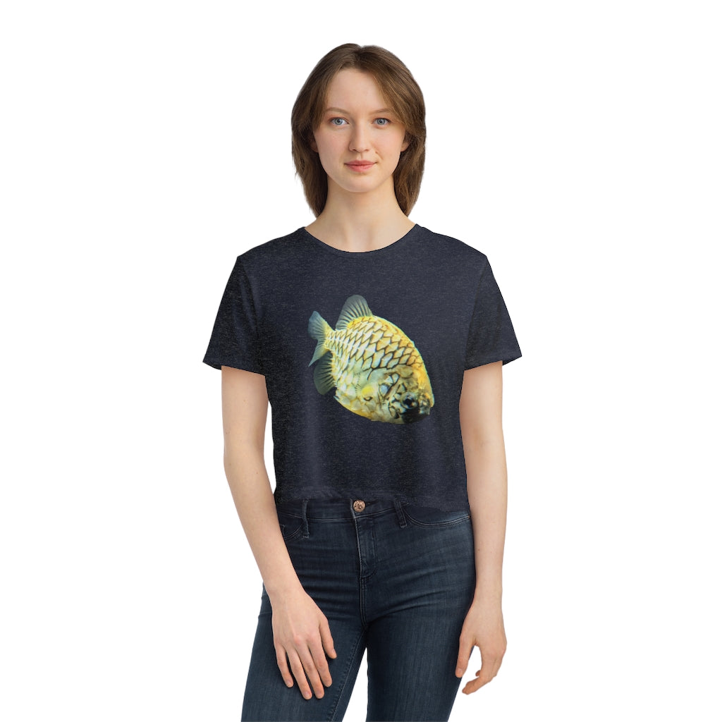 Pineapple Fish Women's Flowy Cropped Tee in a stylish design, showcasing its lightweight fabric and modest crop fit.