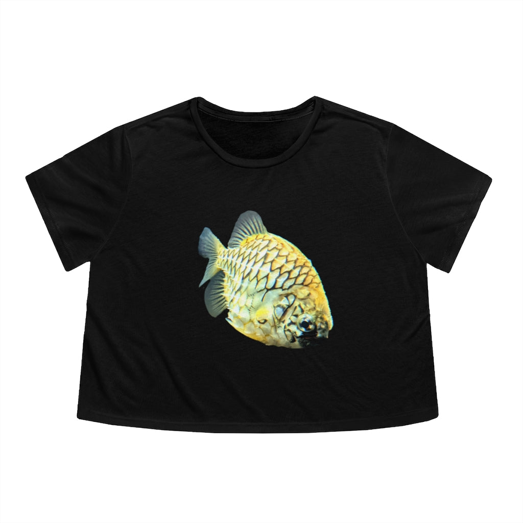 Pineapple Fish Women's Flowy Cropped Tee in a stylish design, showcasing its lightweight fabric and modest crop fit.