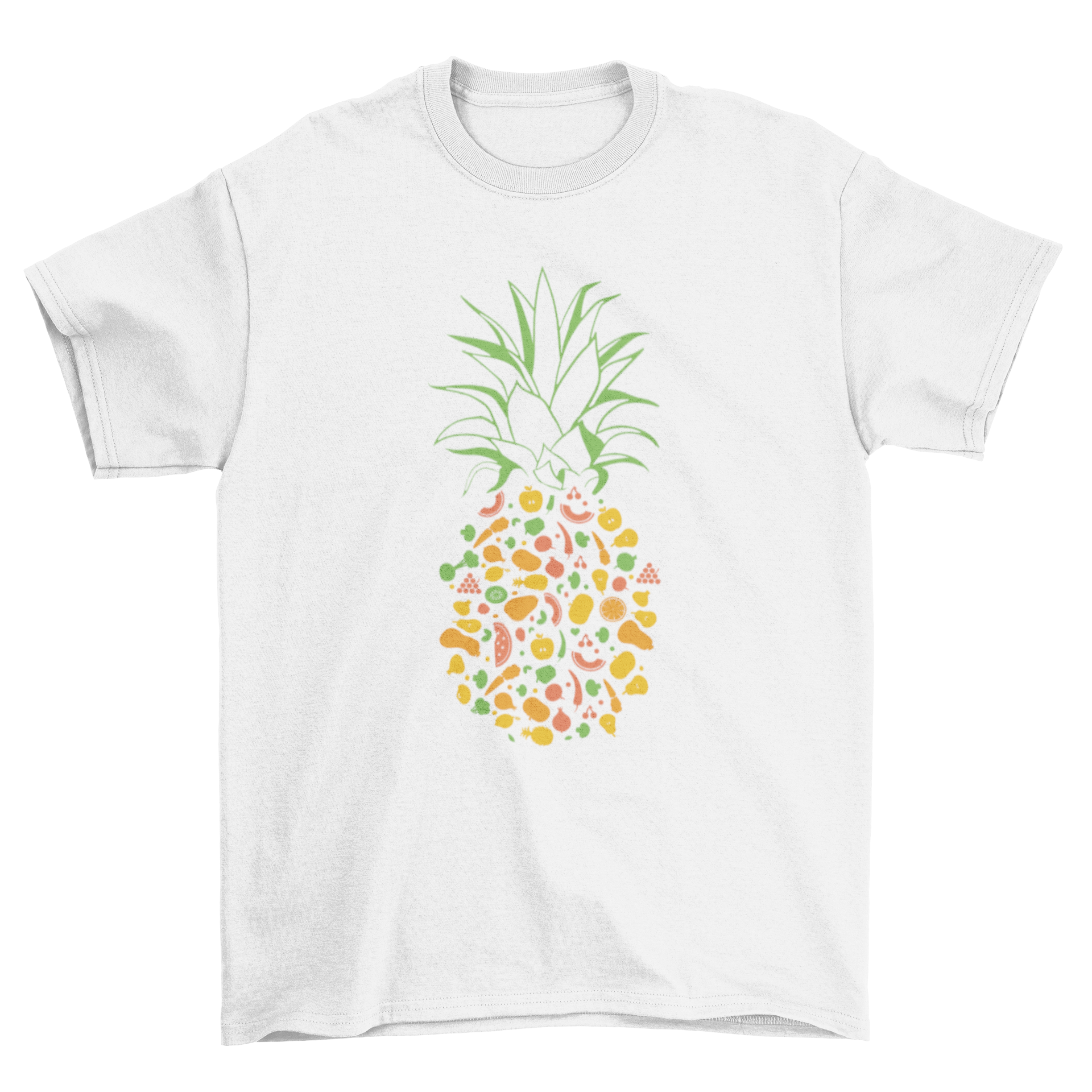 A stylish t-shirt featuring a pineapple design made of various fruits and vegetables in a flat style, showcasing vibrant colors.