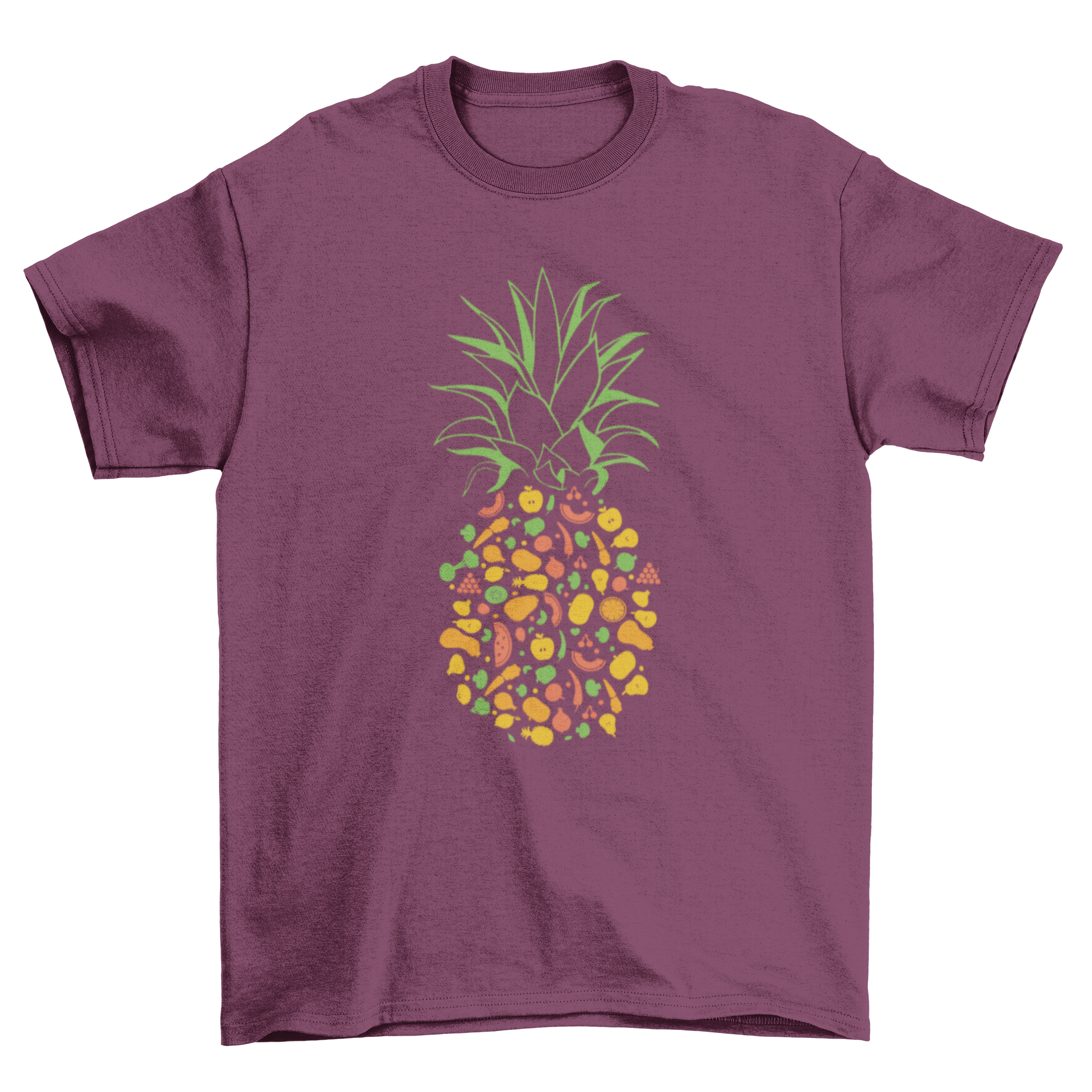 A stylish t-shirt featuring a pineapple design made of various fruits and vegetables in a flat style, showcasing vibrant colors.