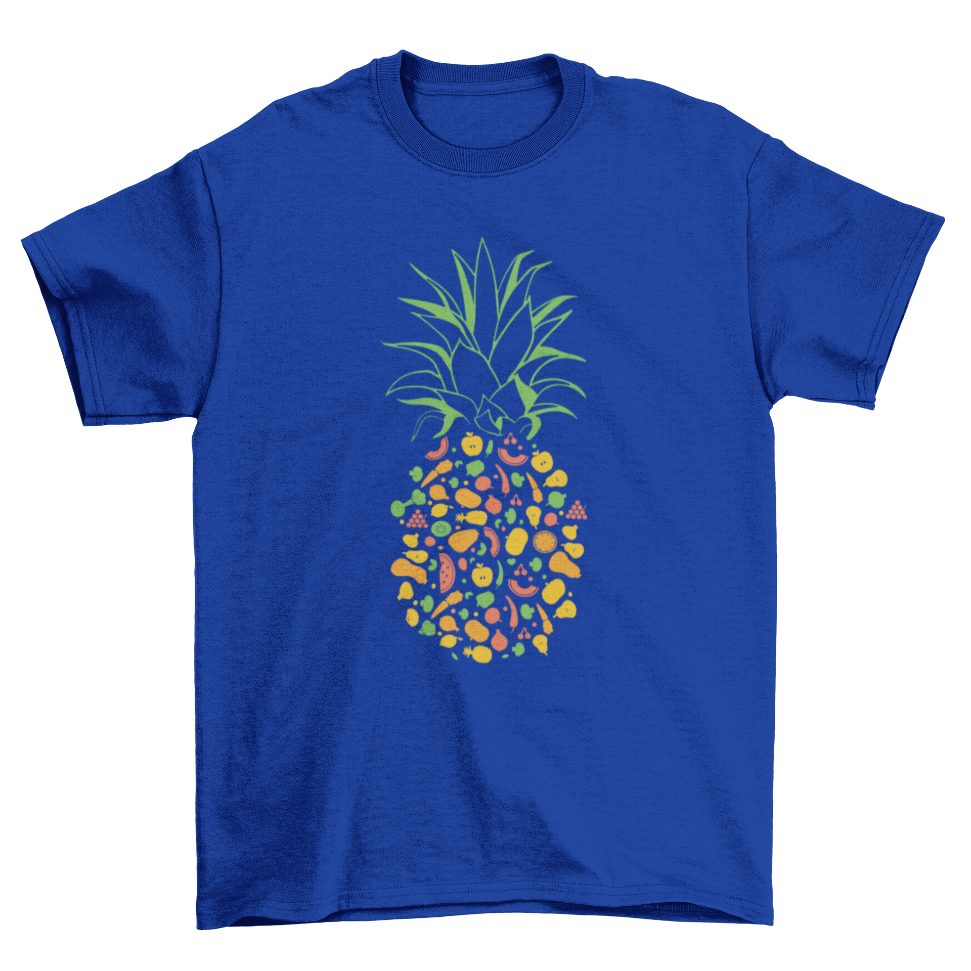 A stylish t-shirt featuring a pineapple design made of various fruits and vegetables in a flat style, showcasing vibrant colors.