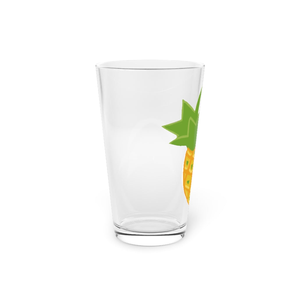 A clear 16oz Pineapple Pint Glass showcasing a vibrant pineapple design, perfect for personalized beverages.