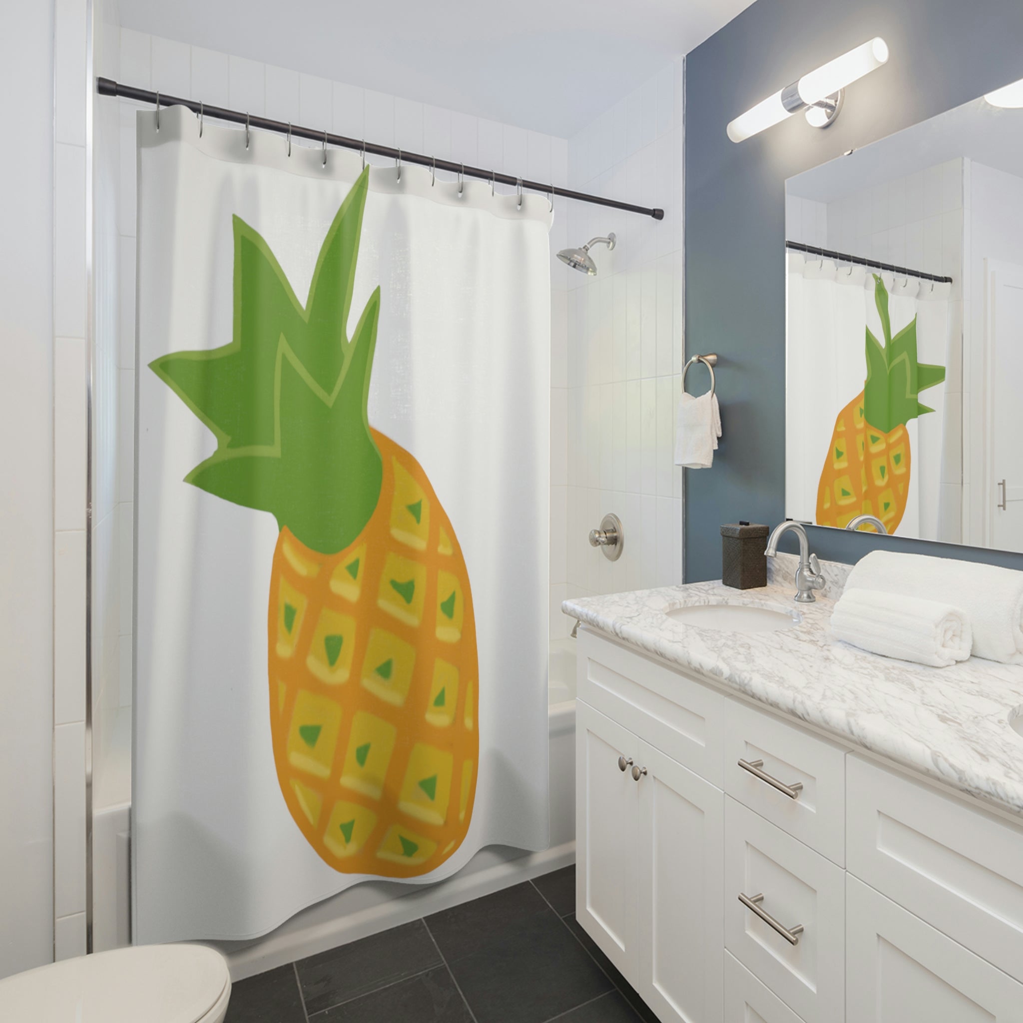 A vibrant pineapple shower curtain made of durable polyester, featuring a colorful tropical design perfect for any bathroom decor.