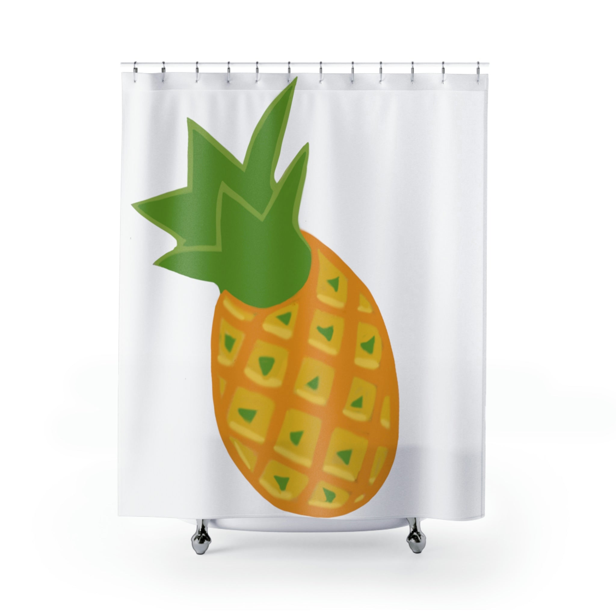 A vibrant pineapple shower curtain made of durable polyester, featuring a colorful tropical design perfect for any bathroom decor.