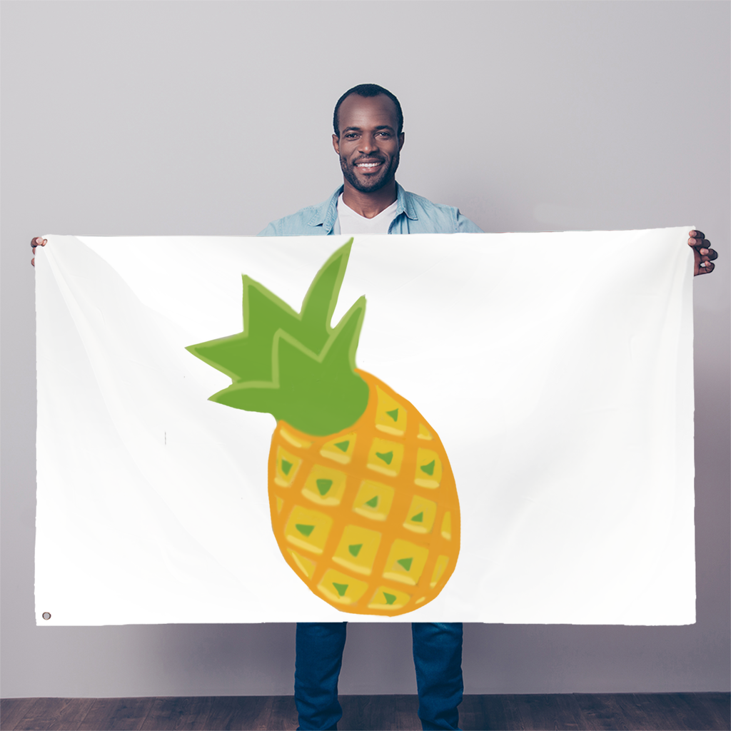 A vibrant pineapple sublimation flag measuring 5FT x 3FT, made from durable polyester with double-stitched edges and eyelets for hanging.