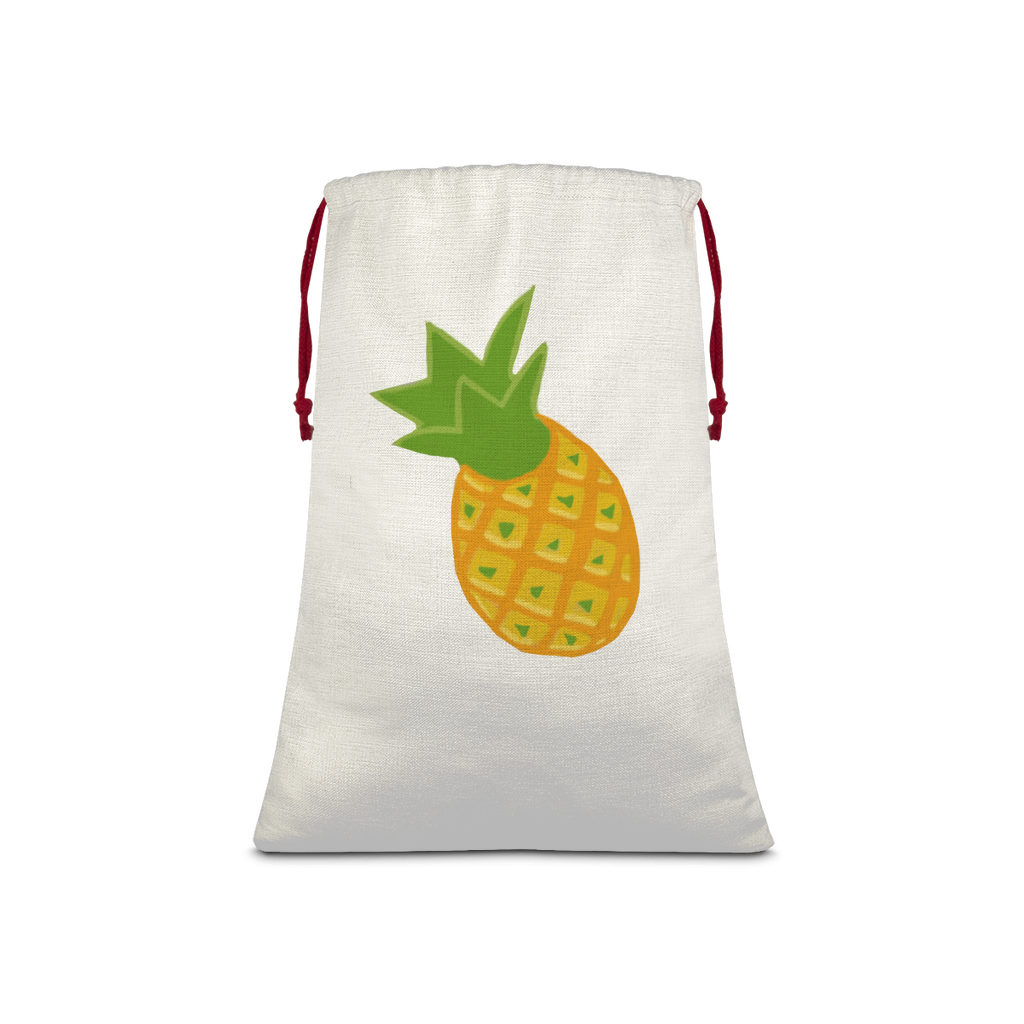 Pineapple Sublimation Linen Drawstring Sack with red drawstring, showcasing vibrant pineapple design and linen texture.