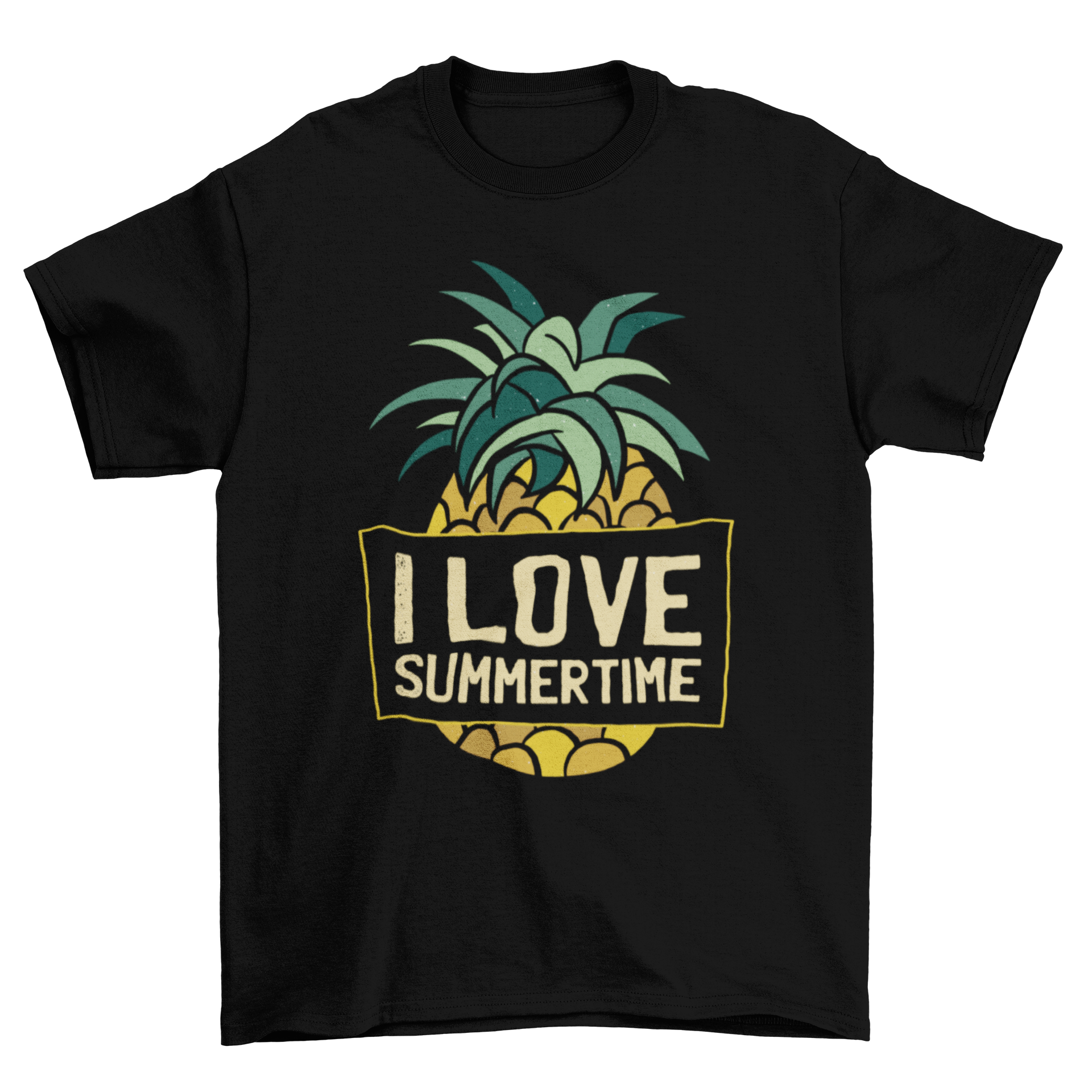 A vibrant Pineapple Summertime T-shirt featuring a colorful pineapple graphic and the quote 'I LOVE SUMMERTIME'.