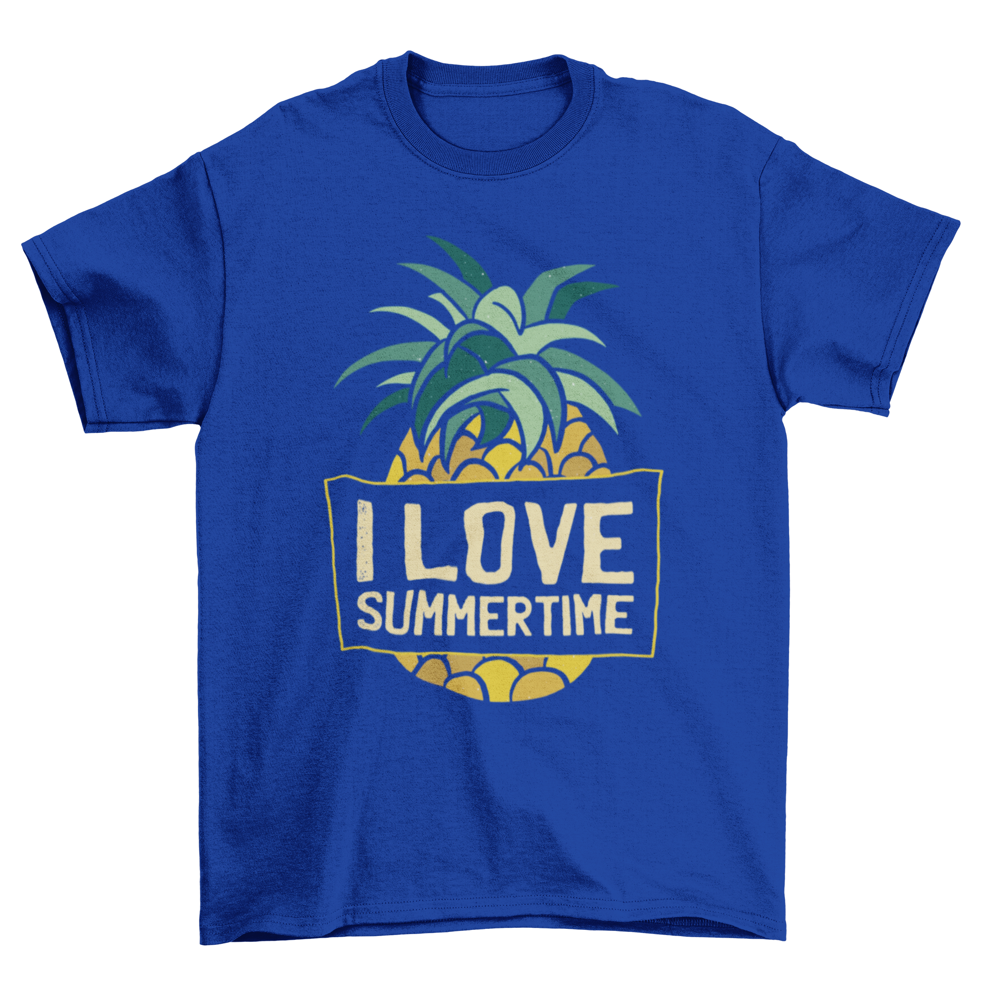 A vibrant Pineapple Summertime T-shirt featuring a colorful pineapple graphic and the quote 'I LOVE SUMMERTIME'.