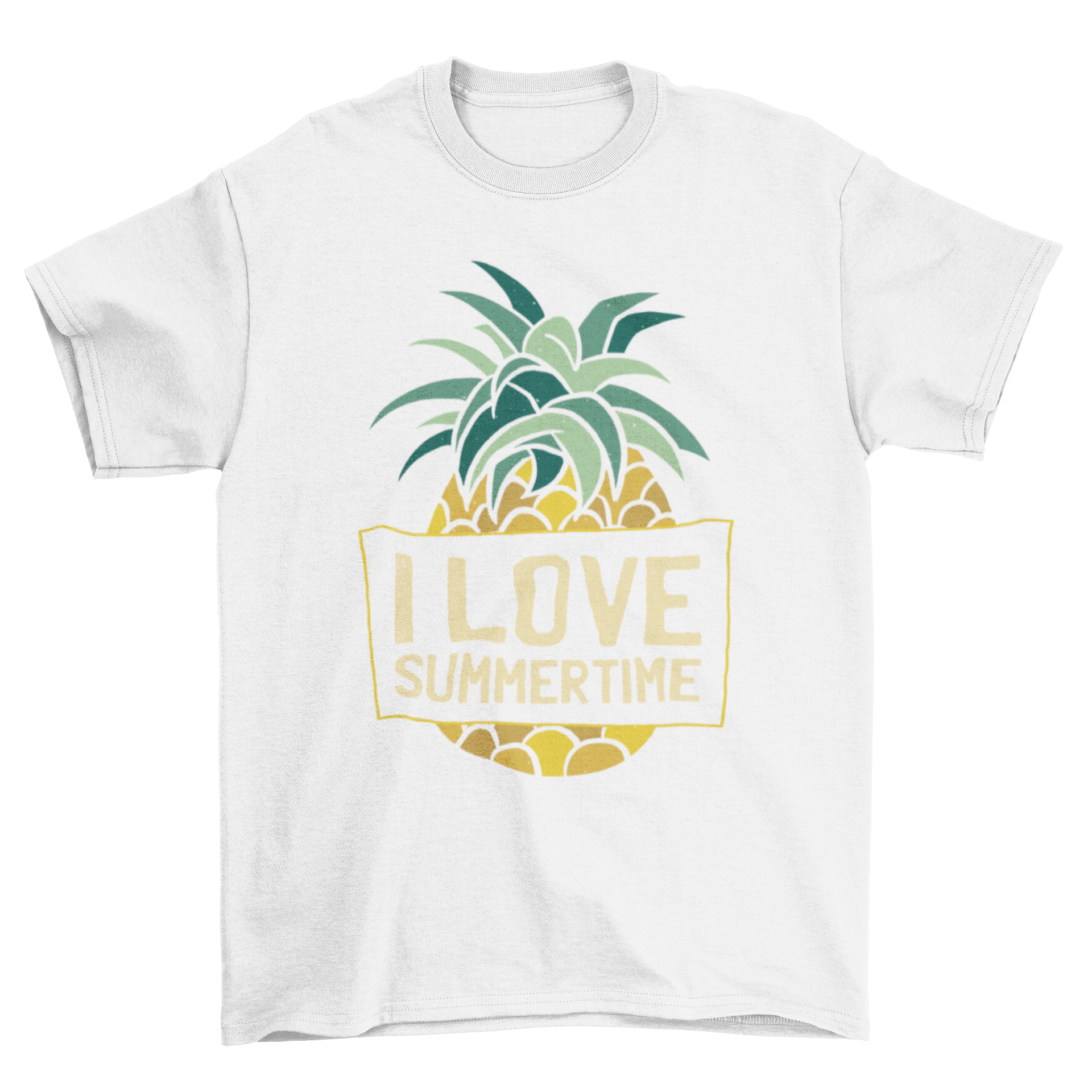 A vibrant Pineapple Summertime T-shirt featuring a colorful pineapple graphic and the quote 'I LOVE SUMMERTIME'.