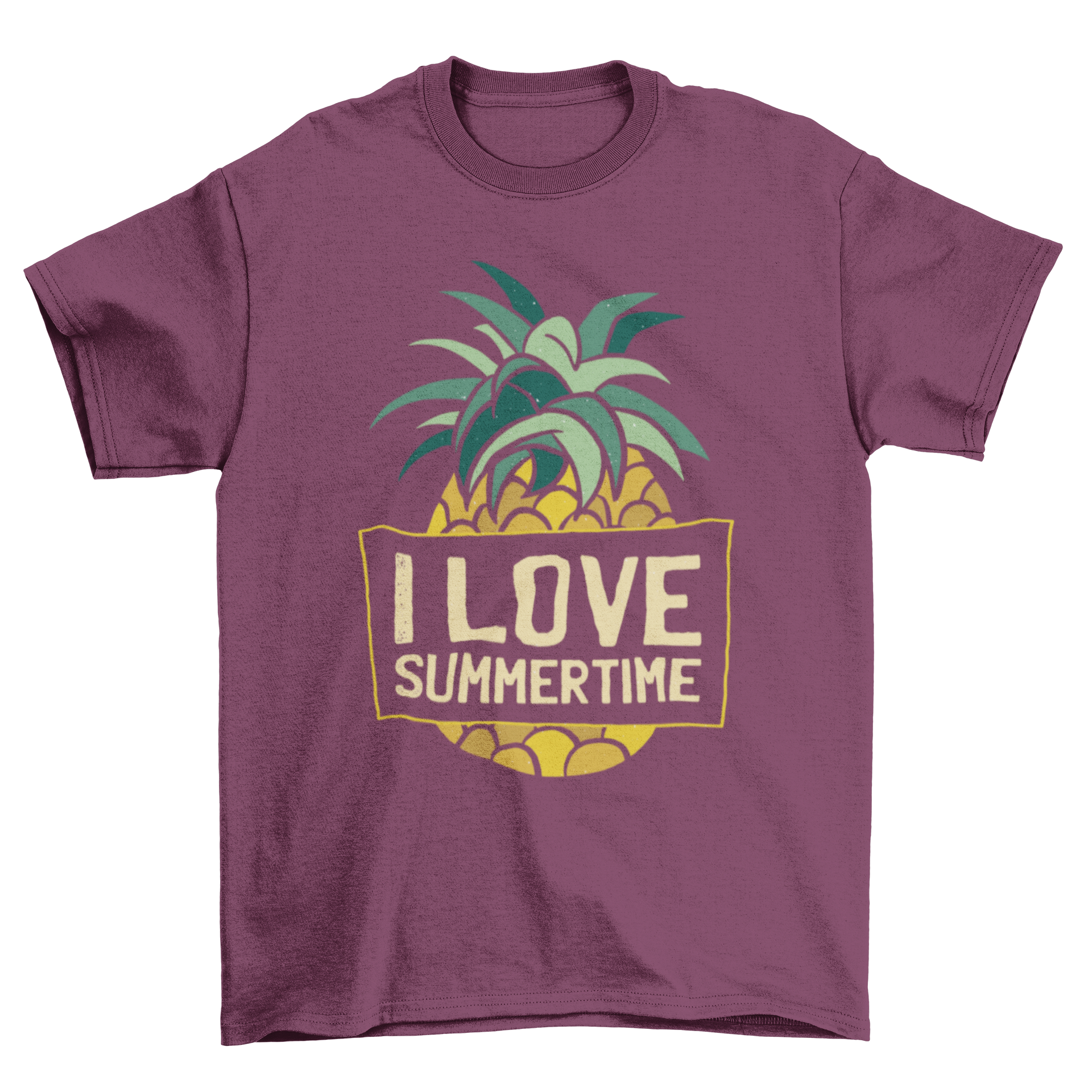 A vibrant Pineapple Summertime T-shirt featuring a colorful pineapple graphic and the quote 'I LOVE SUMMERTIME'.