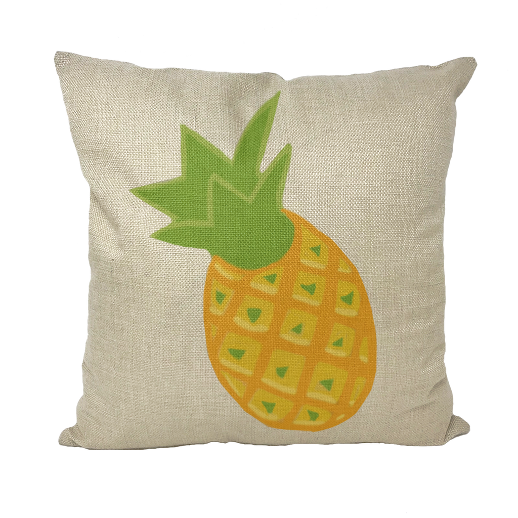 A vibrant pineapple throw pillow featuring a tropical design, made from high-quality polyester fabric, perfect for home decor.