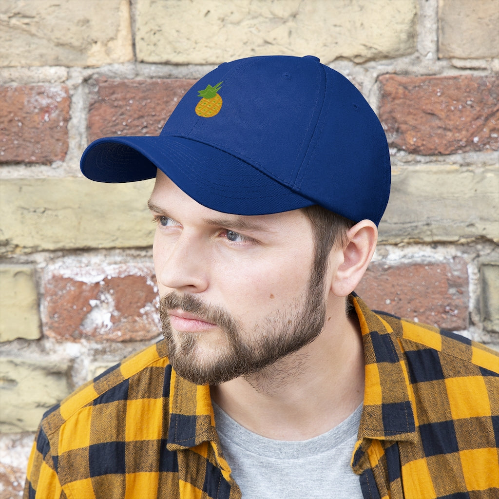 Pineapple Unisex Twill Hat in solid color, showcasing its 6-panel design and adjustable Velcro closure.