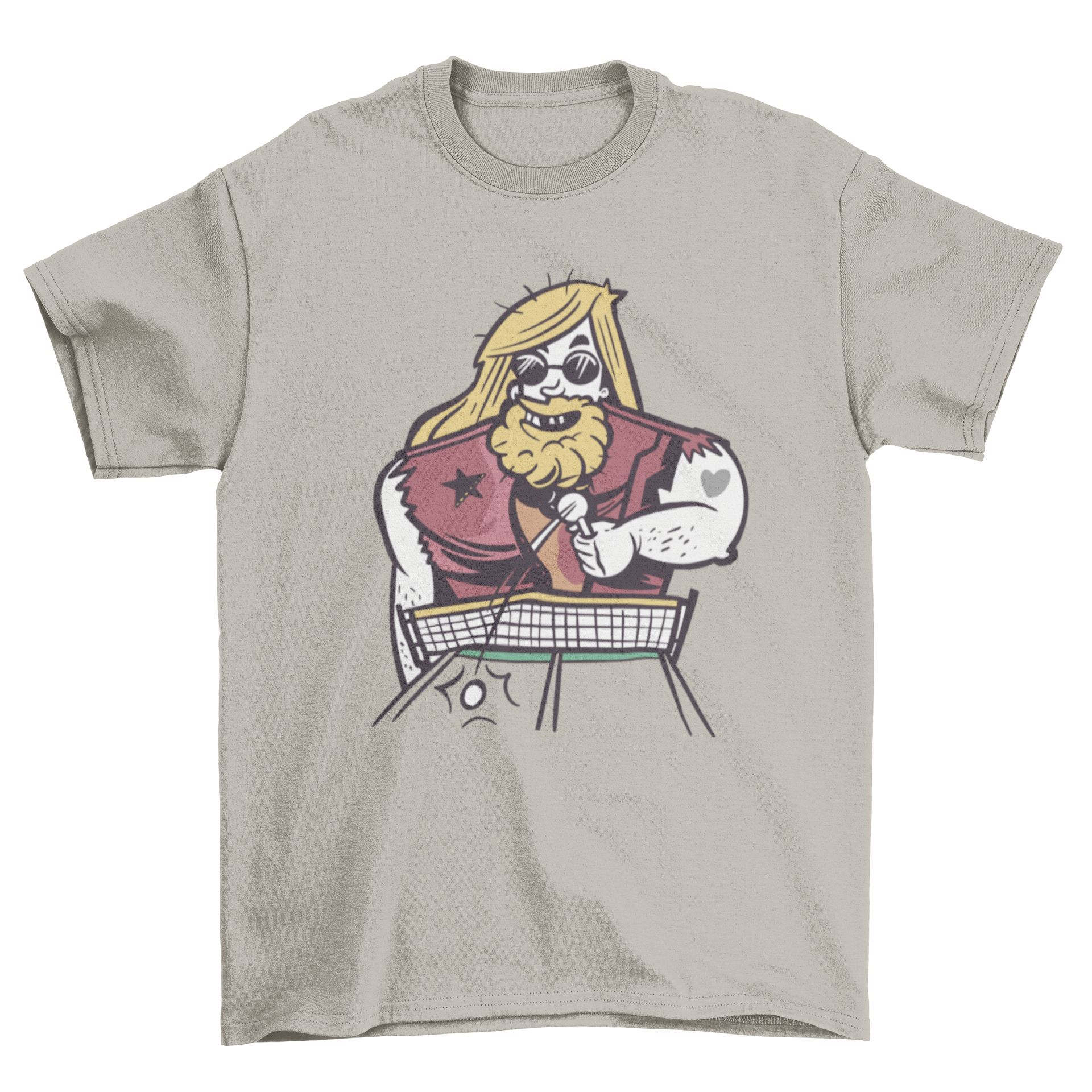 Ping Pong Man T-Shirt featuring a muscular man playing ping pong in vibrant colors.