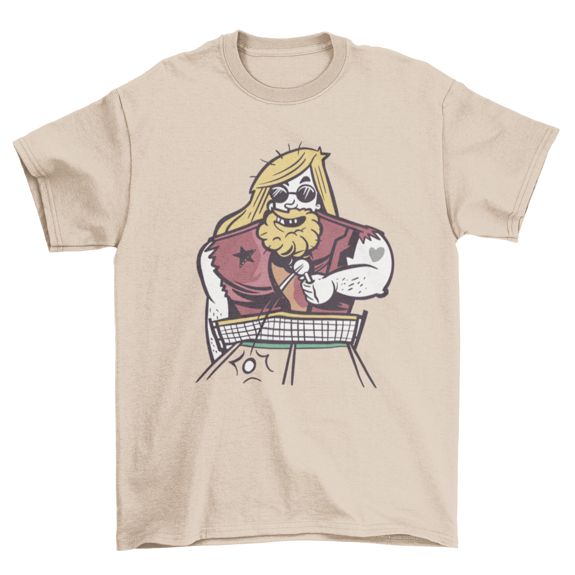 Ping Pong Man T-Shirt featuring a muscular man playing ping pong in vibrant colors.