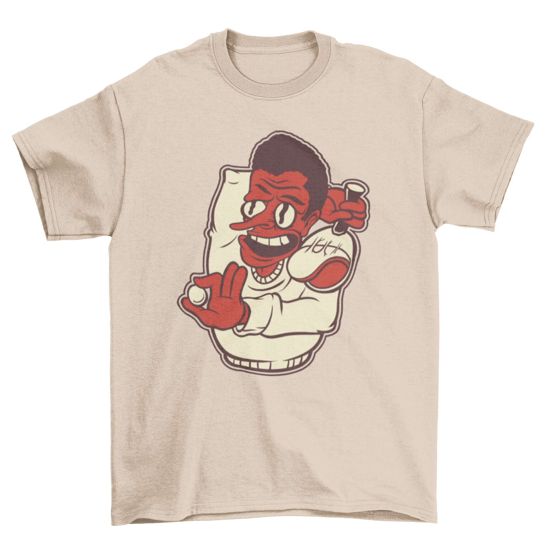 A vibrant cartoon t-shirt featuring a man holding a ping pong ball and paddle, perfect for sports enthusiasts.