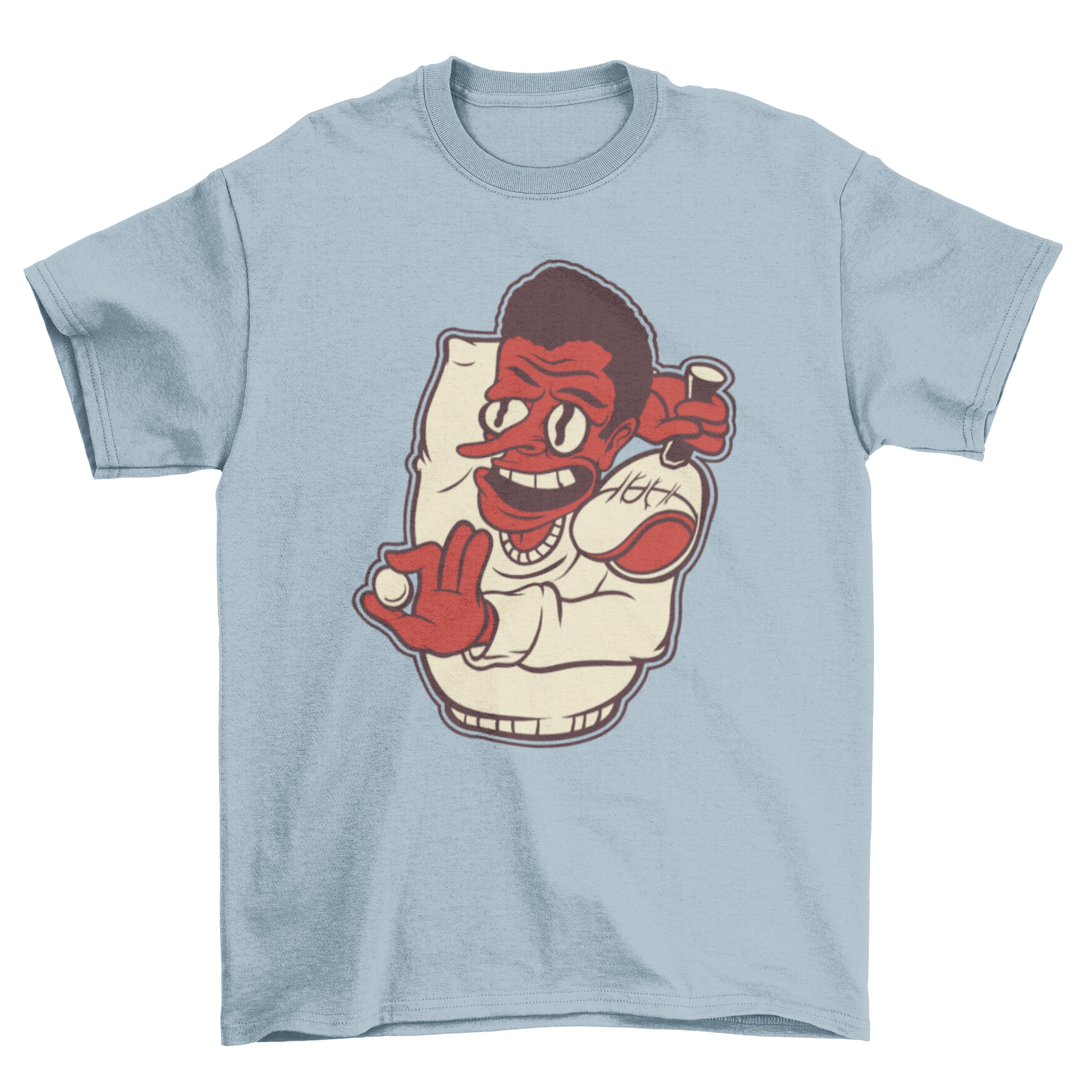 A vibrant cartoon t-shirt featuring a man holding a ping pong ball and paddle, perfect for sports enthusiasts.