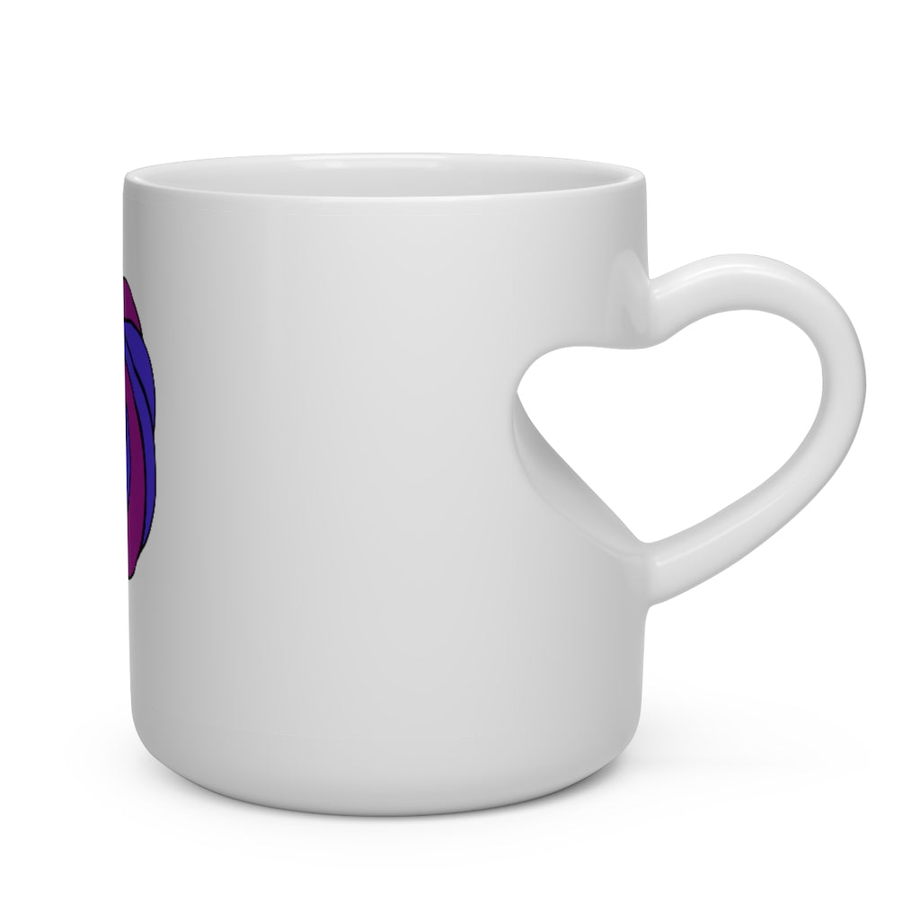 A whimsical pink and blue unicorn heart-shaped mug with a heart-shaped handle, perfect for hot beverages.