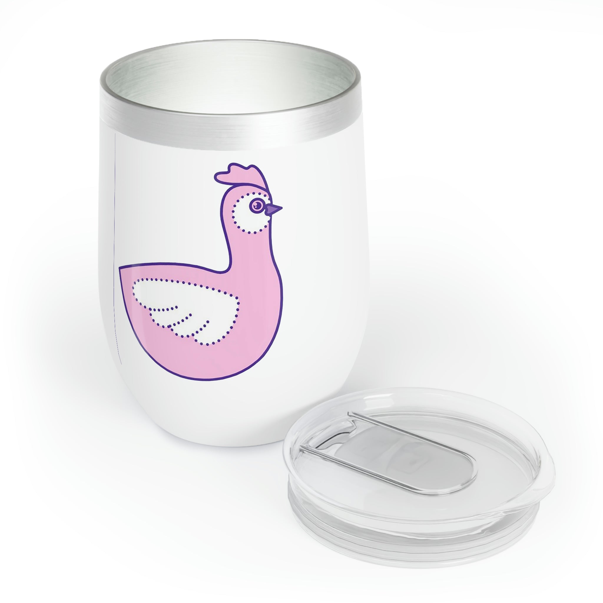 Pink and purple bird design on a stainless steel wine tumbler, showcasing its stylish and durable features.