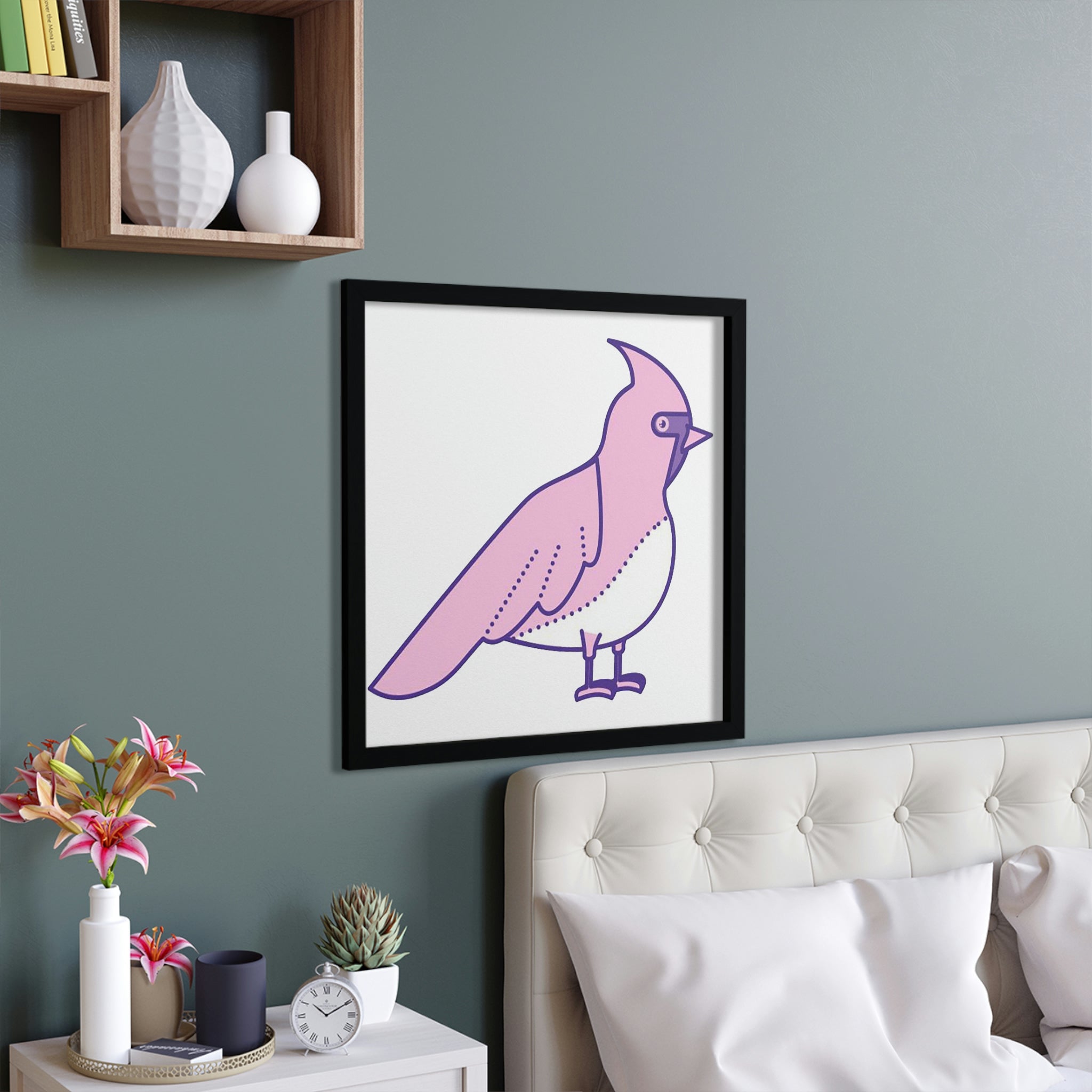 A beautifully framed poster featuring a pink and purple bird design, showcasing vibrant colors and a hand-crafted wooden frame.