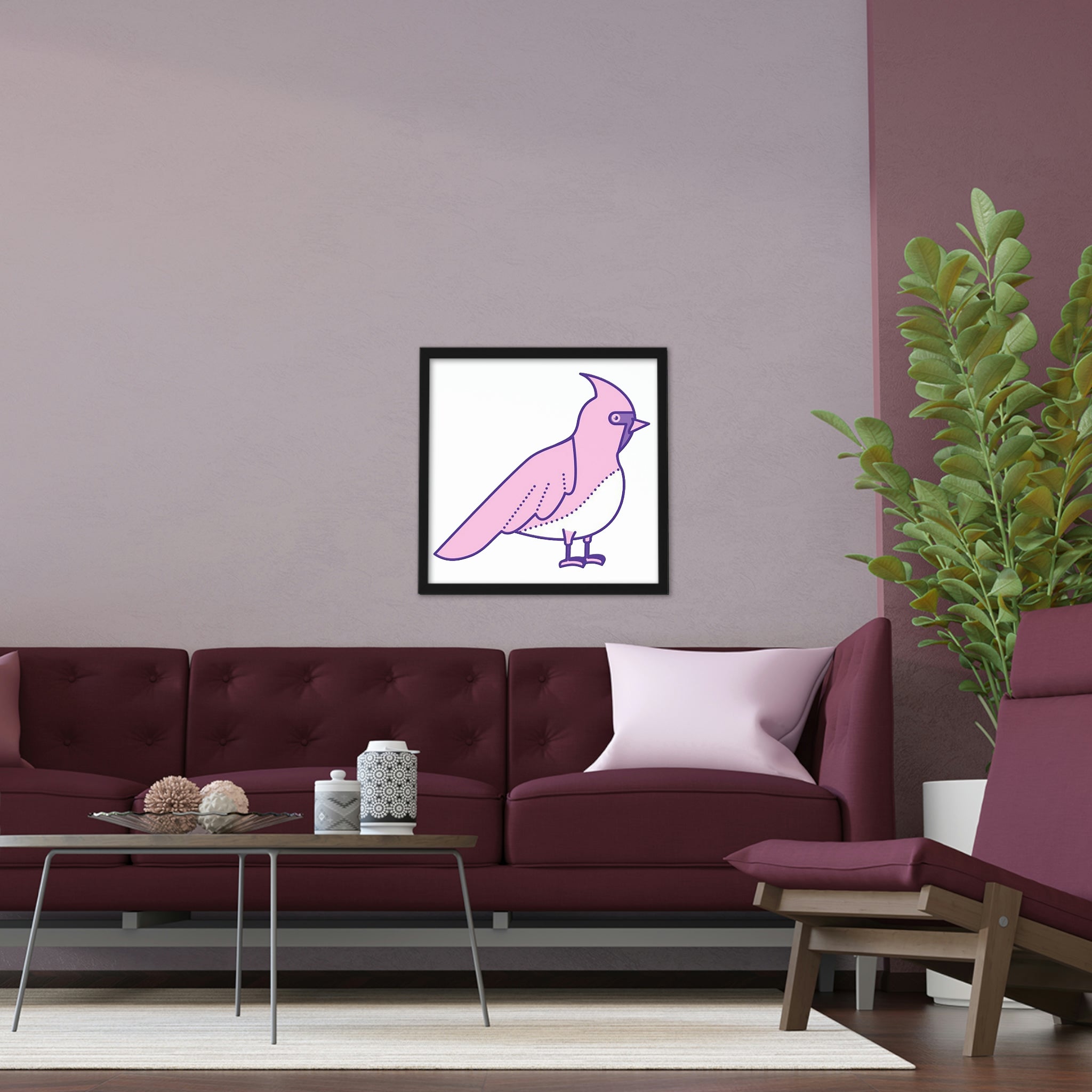 A beautifully framed poster featuring a pink and purple bird design, showcasing vibrant colors and a hand-crafted wooden frame.