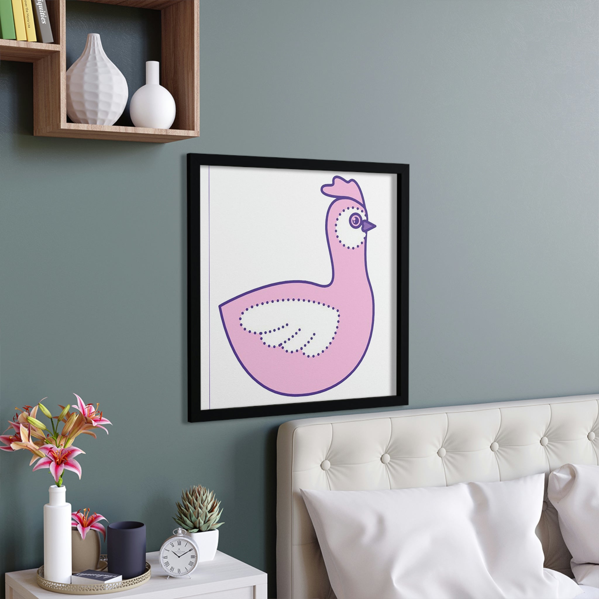 A beautifully framed poster featuring a pink and purple bird design, showcasing vibrant colors and a hand-crafted wooden frame.