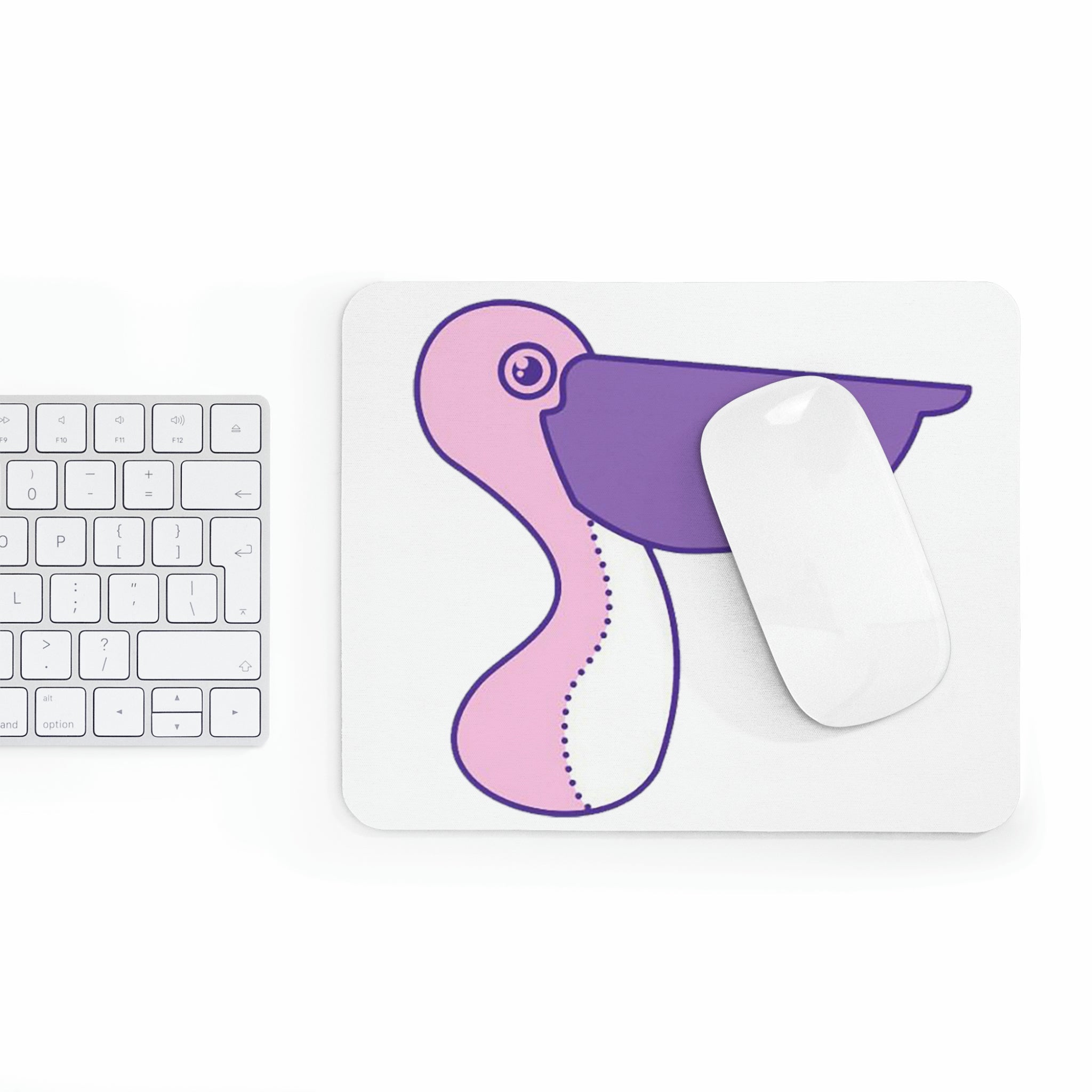 A vibrant pink and purple bird mouse pad featuring a colorful design, perfect for enhancing any workspace.