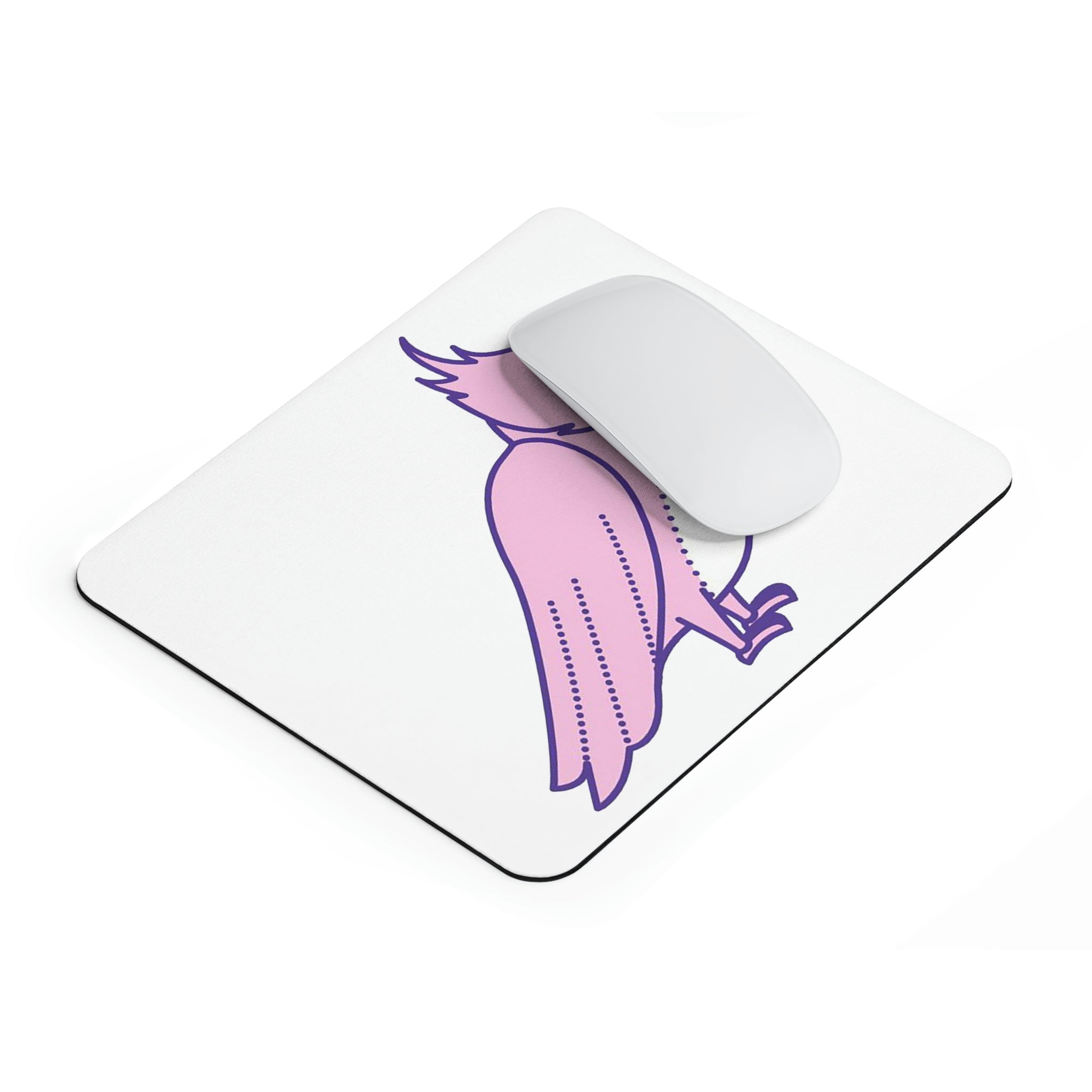 A vibrant pink and purple mouse pad featuring a beautiful bird design, perfect for enhancing any workspace.